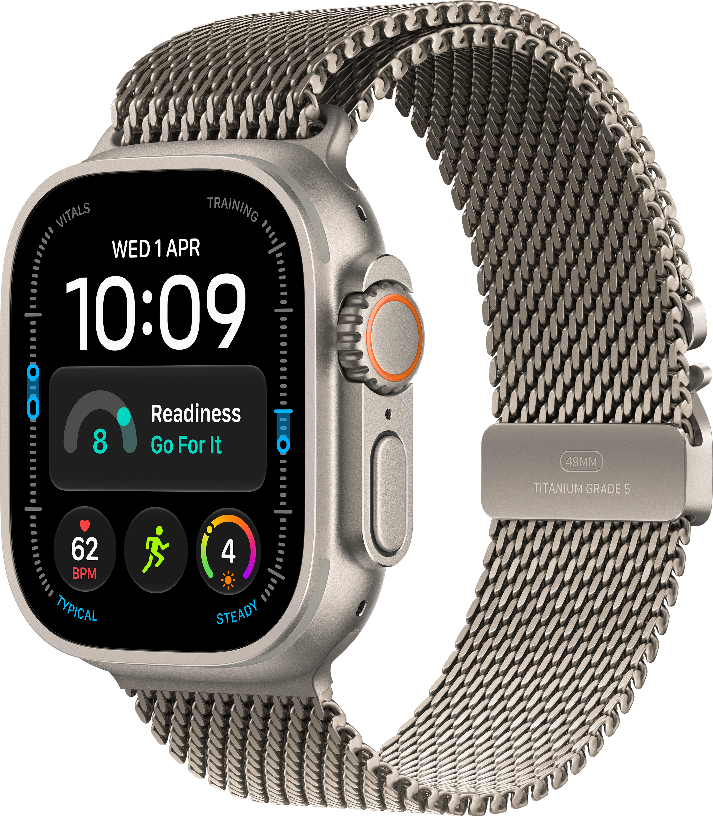 Smartwatch in titanio con display digitale che mostra le 10:09, dati sulla salute e cinturino in maglia metallica.