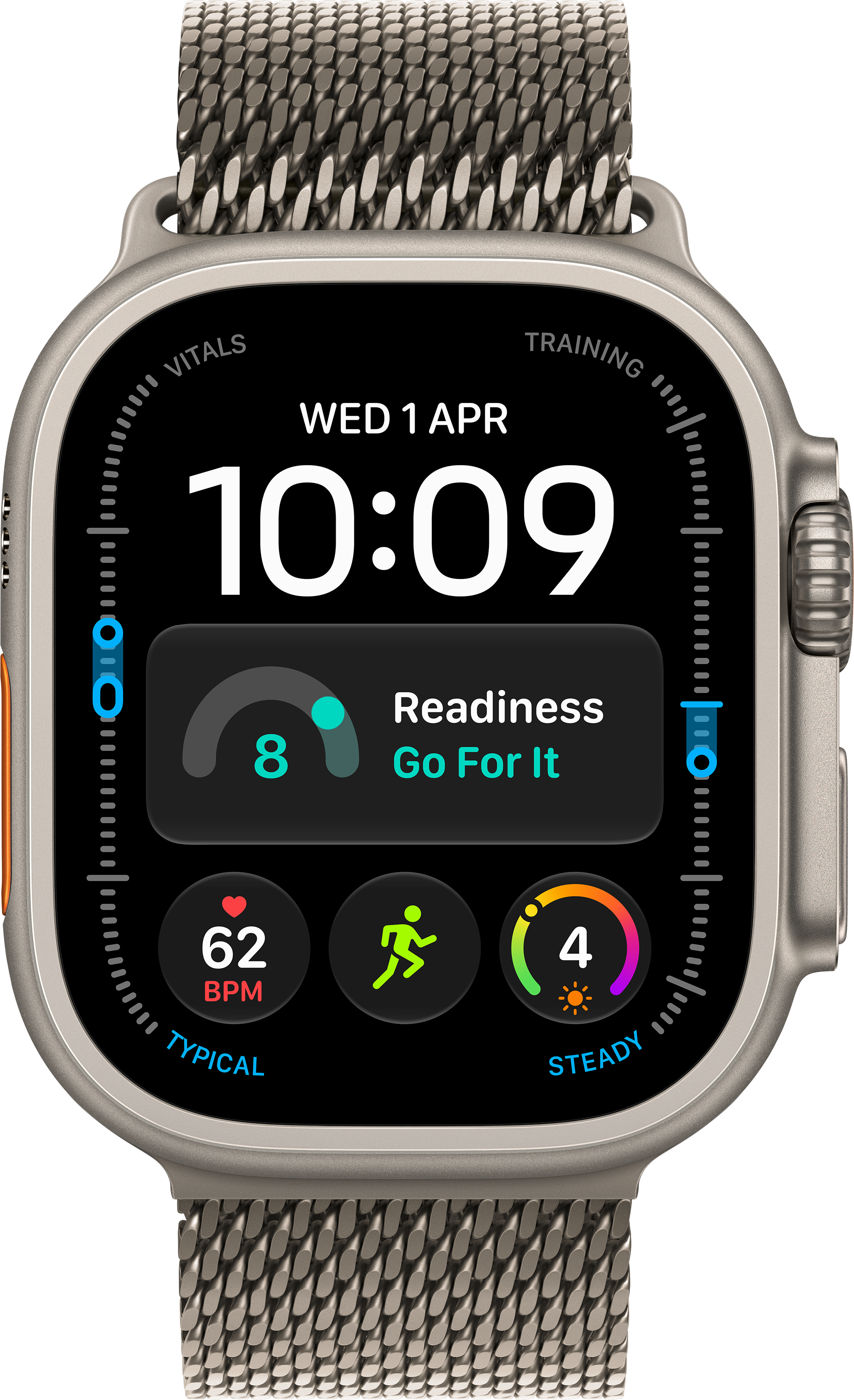 Uno smartwatch mostra le 10:09, punteggio di prontezza 8, frequenza cardiaca di 62 bpm.