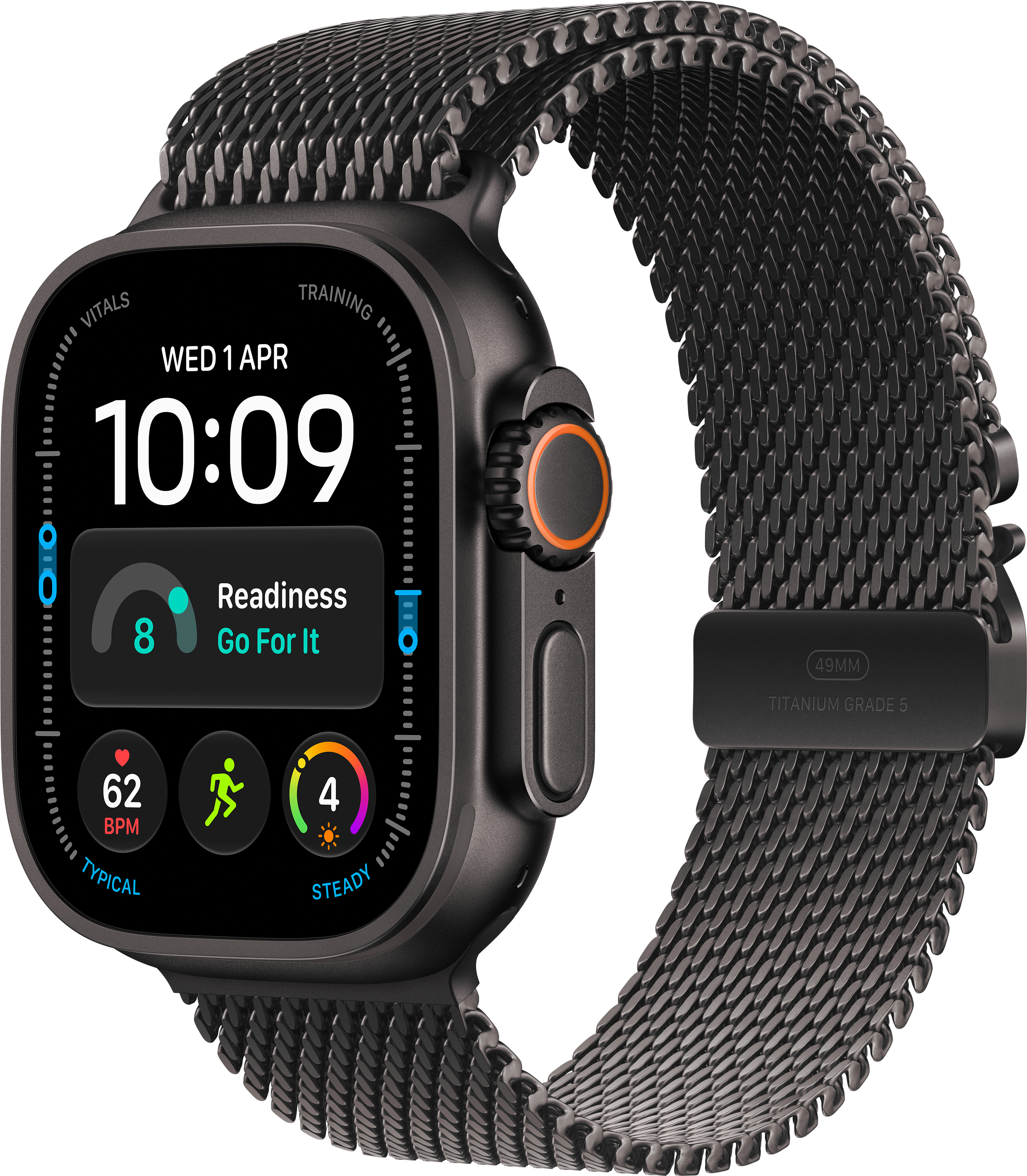 Schwarze Smartwatch mit Mesh-Armband und digitalem Zifferblatt auf schwarzem Hintergrund.