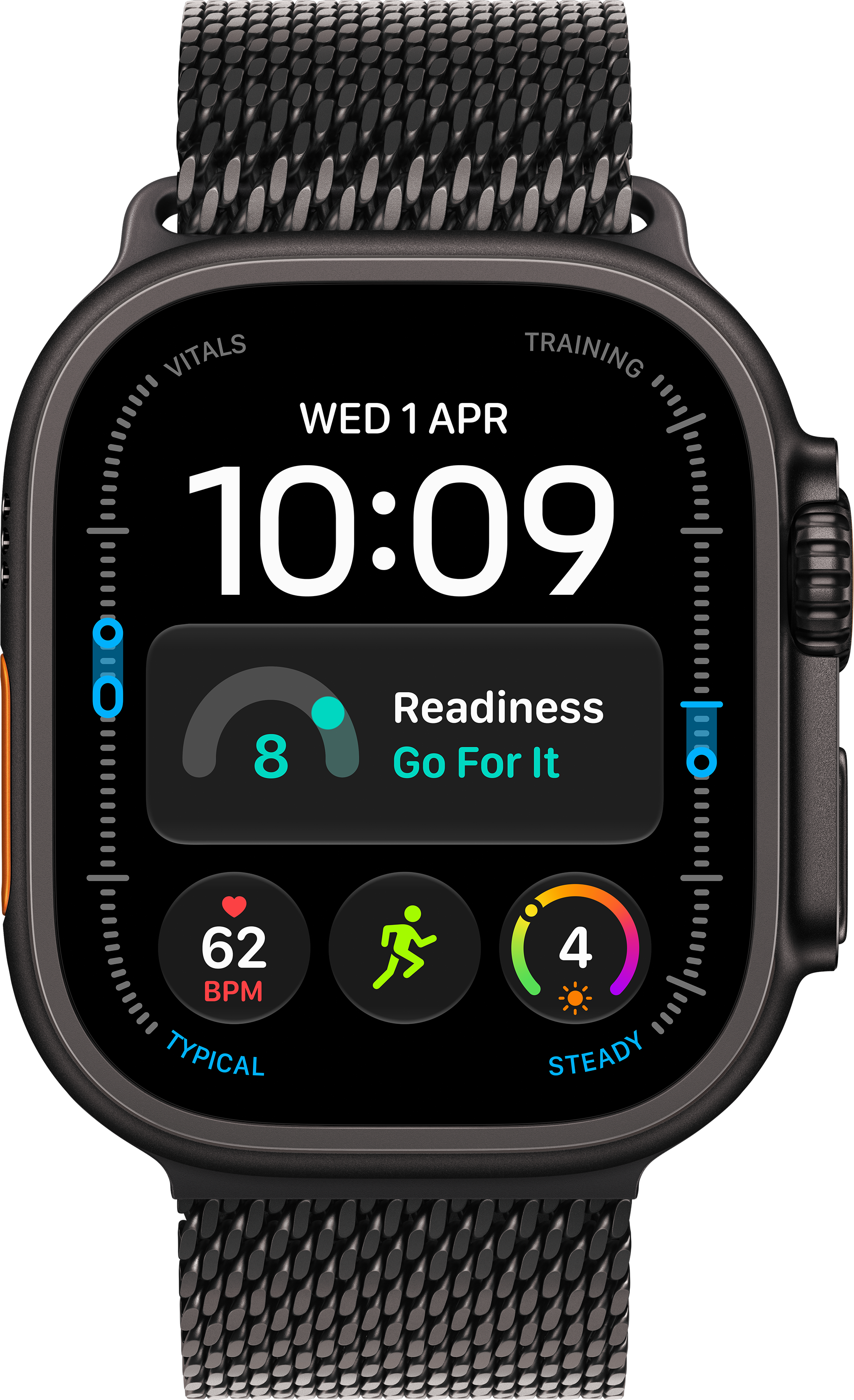 Schwarze Smartwatch mit Digitalanzeige, Uhrzeit 10:09, Datum 1. April, Herzfrequenz von 62 BPM und Fitnessdaten.