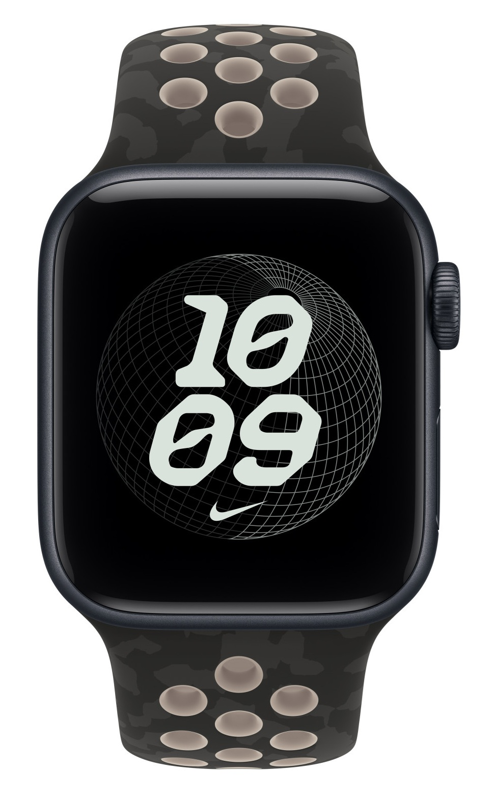 Czarny smartwatch z perforowanym paskiem pokazuje godzinę 10:09 i tarczę z globusem.