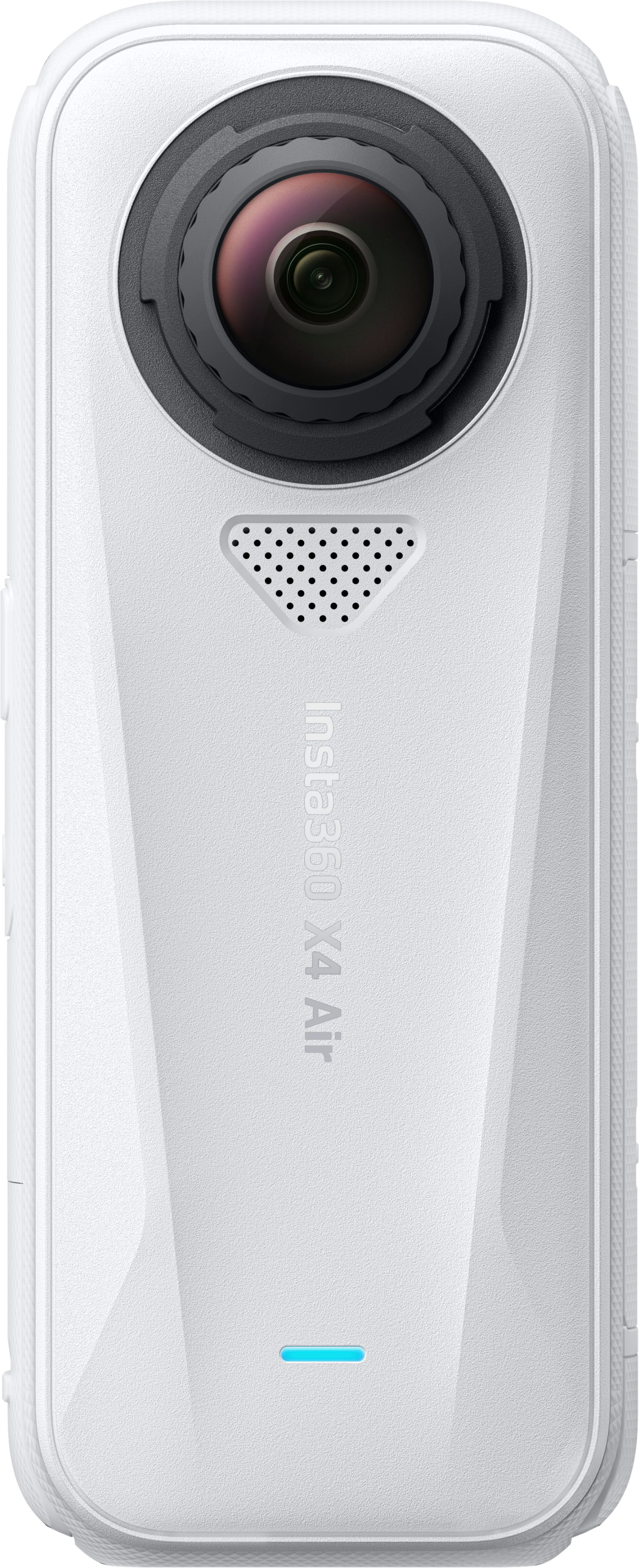 Fehér Insta360 X4 Air kamera nagy kerek lencsével, hangszóróval, függőleges logóval és kék LED-del.