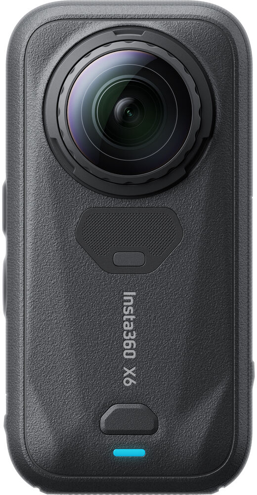 Fekete Insta360 X6 akciókamera elölnézete lencsével és logóval.