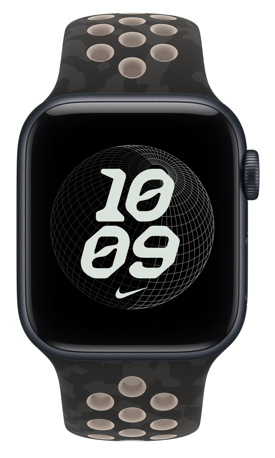 Czarny smartwatch z perforowanym paskiem wyświetla godzinę 10:09 na okrągłej tarczy z siatką.