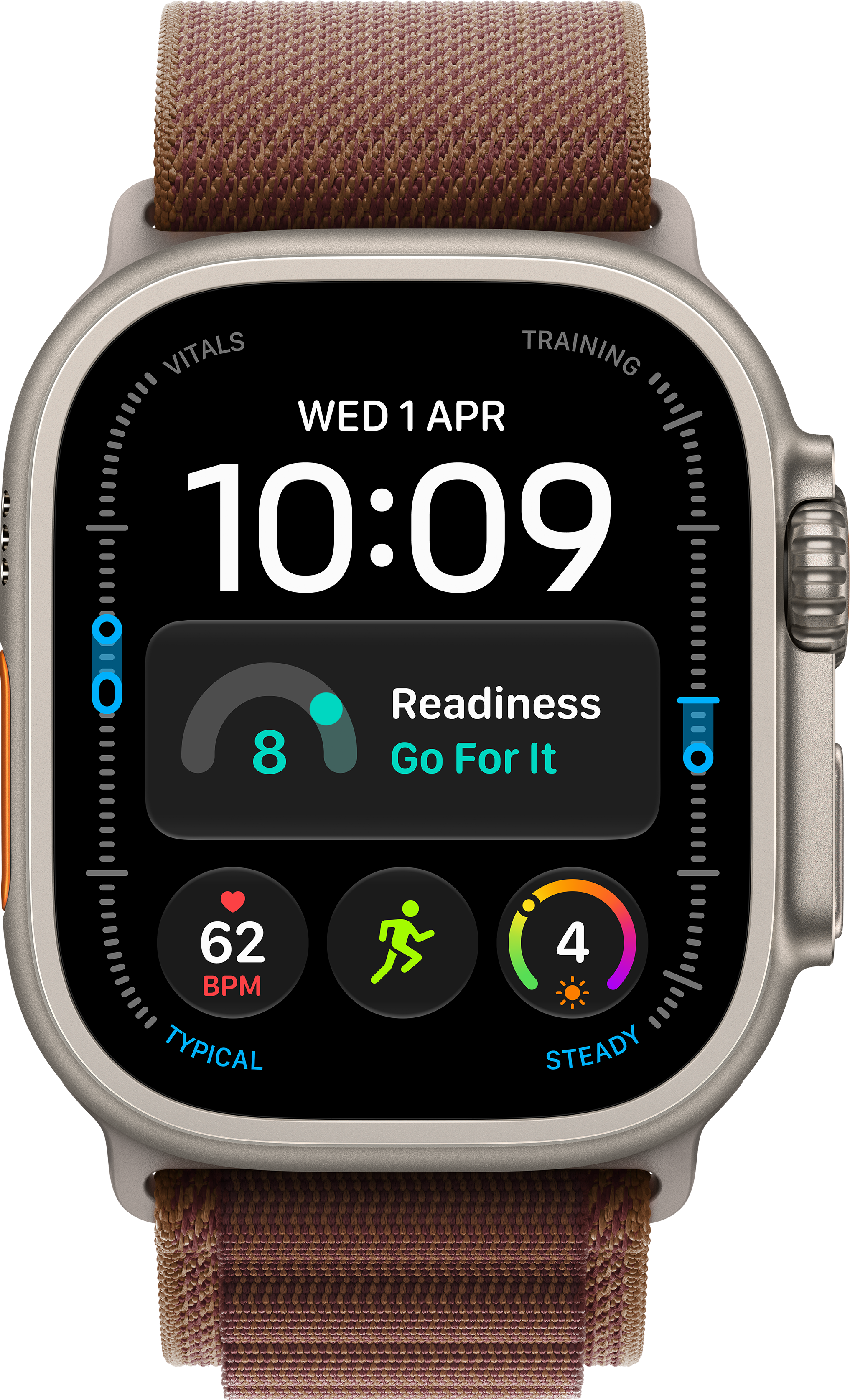 Eine Smartwatch mit bronzenem Armband zeigt Uhrzeit, Bereitschaftswert 8, Herzfrequenz und Trainingsdaten an.