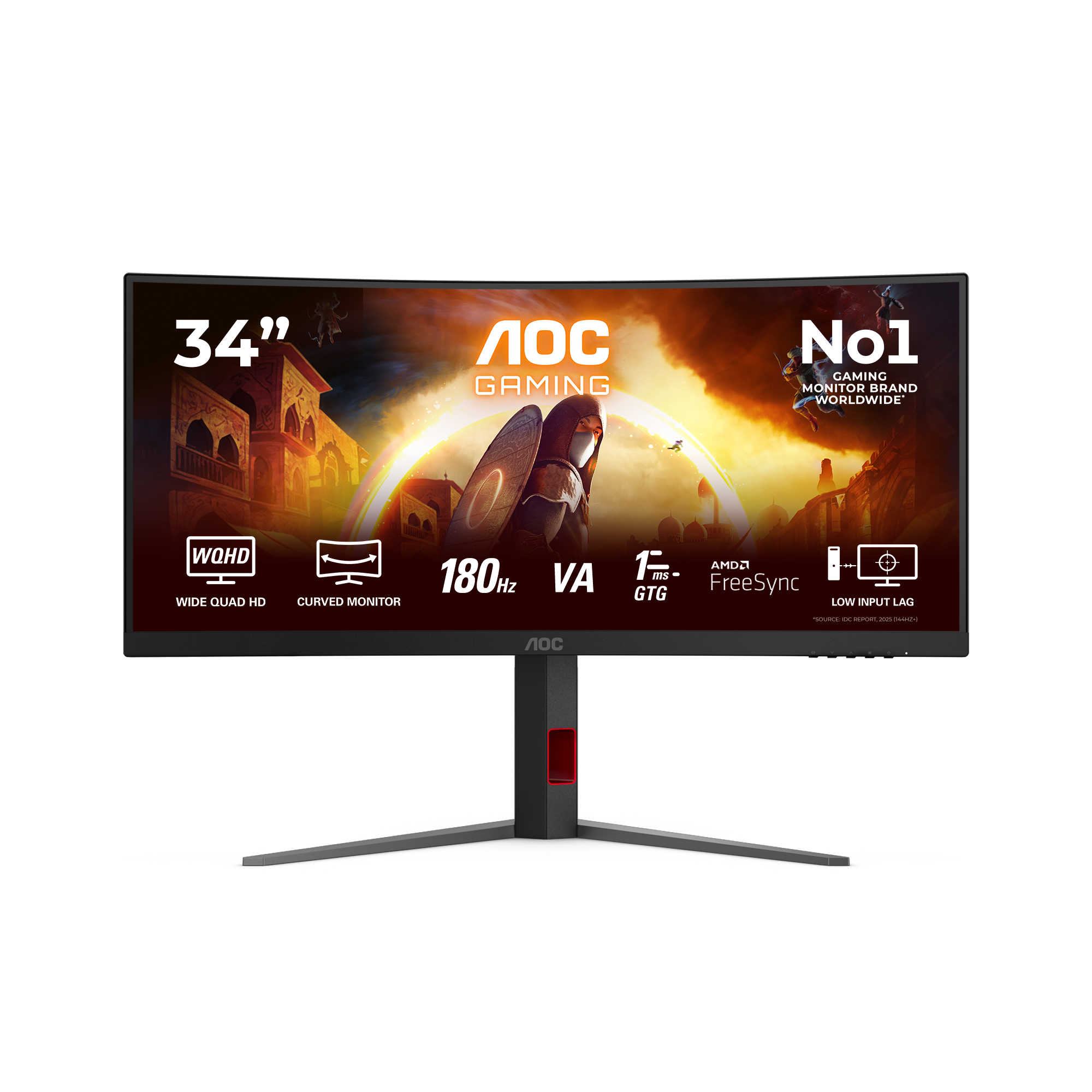 Ein 34-Zoll-Curved-Gaming-Monitor von AOC zeigt eine Fantasyszene, 180Hz und AMD FreeSync.