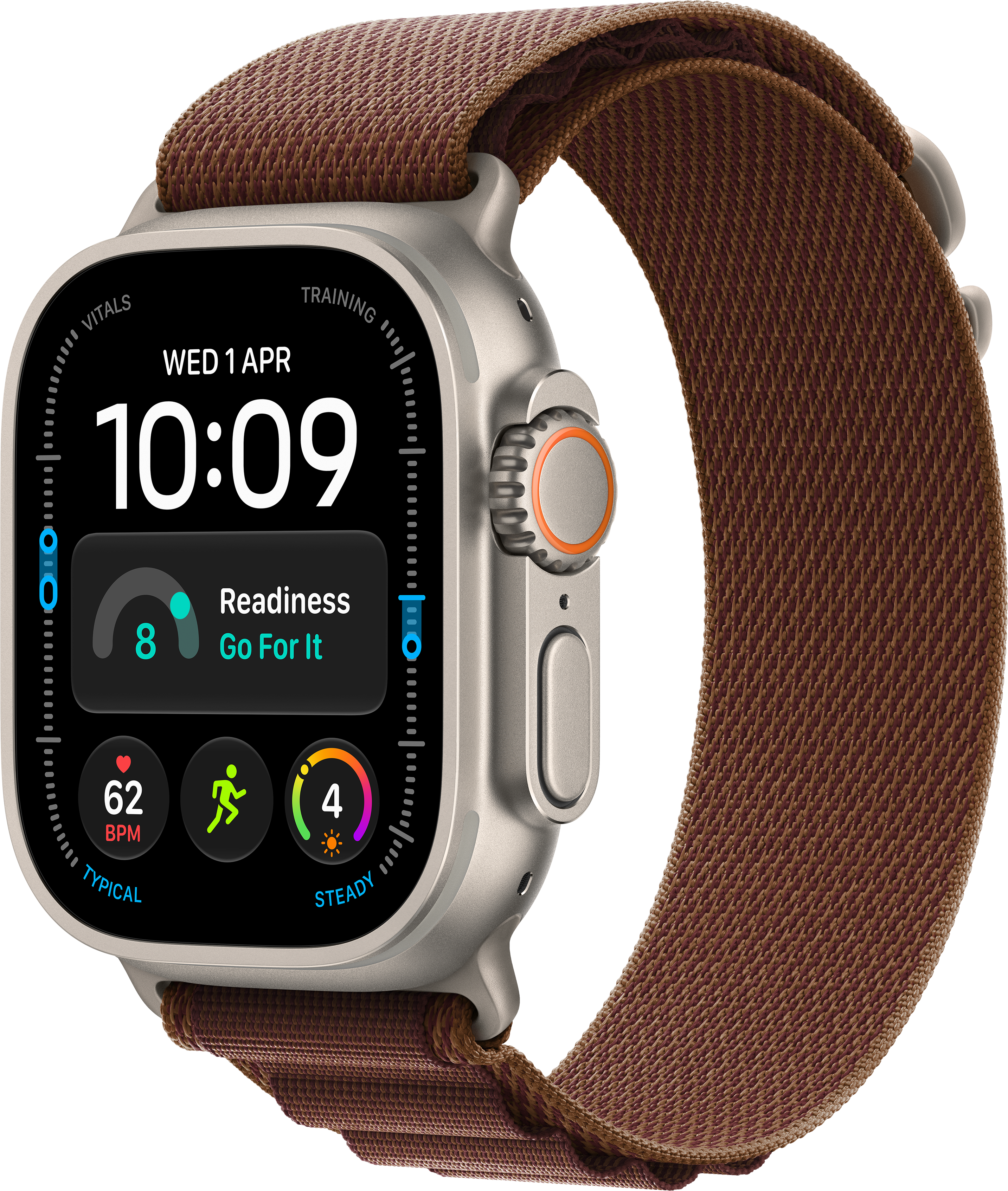 Uno smartwatch con cassa argentata, cinturino in tessuto marrone e display digitale con metriche fitness.