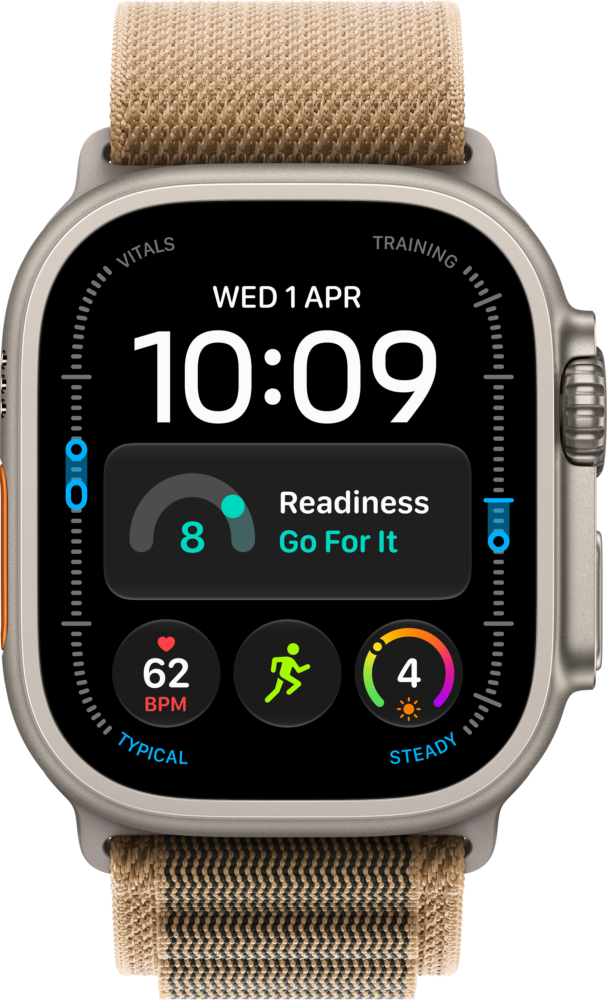 Smartwatch mit digitalem Zifferblatt zeigt Datum, Uhrzeit 10:09, Bereitschaftswert 8, Herzfrequenz und Aktivitätssymbole.