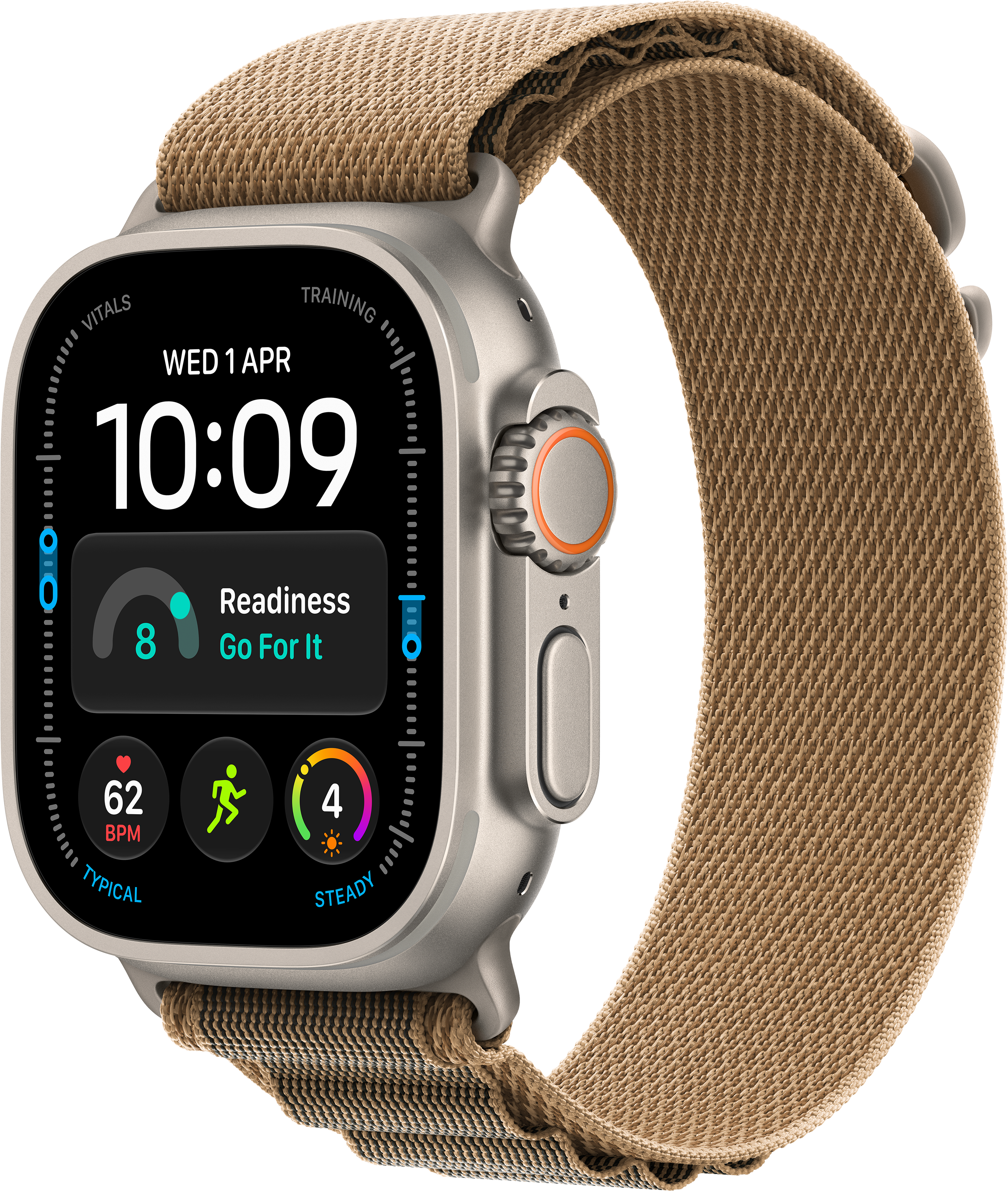 Une montre connectée en titane avec bracelet en tissu marron affiche 10:09 et des données de santé.