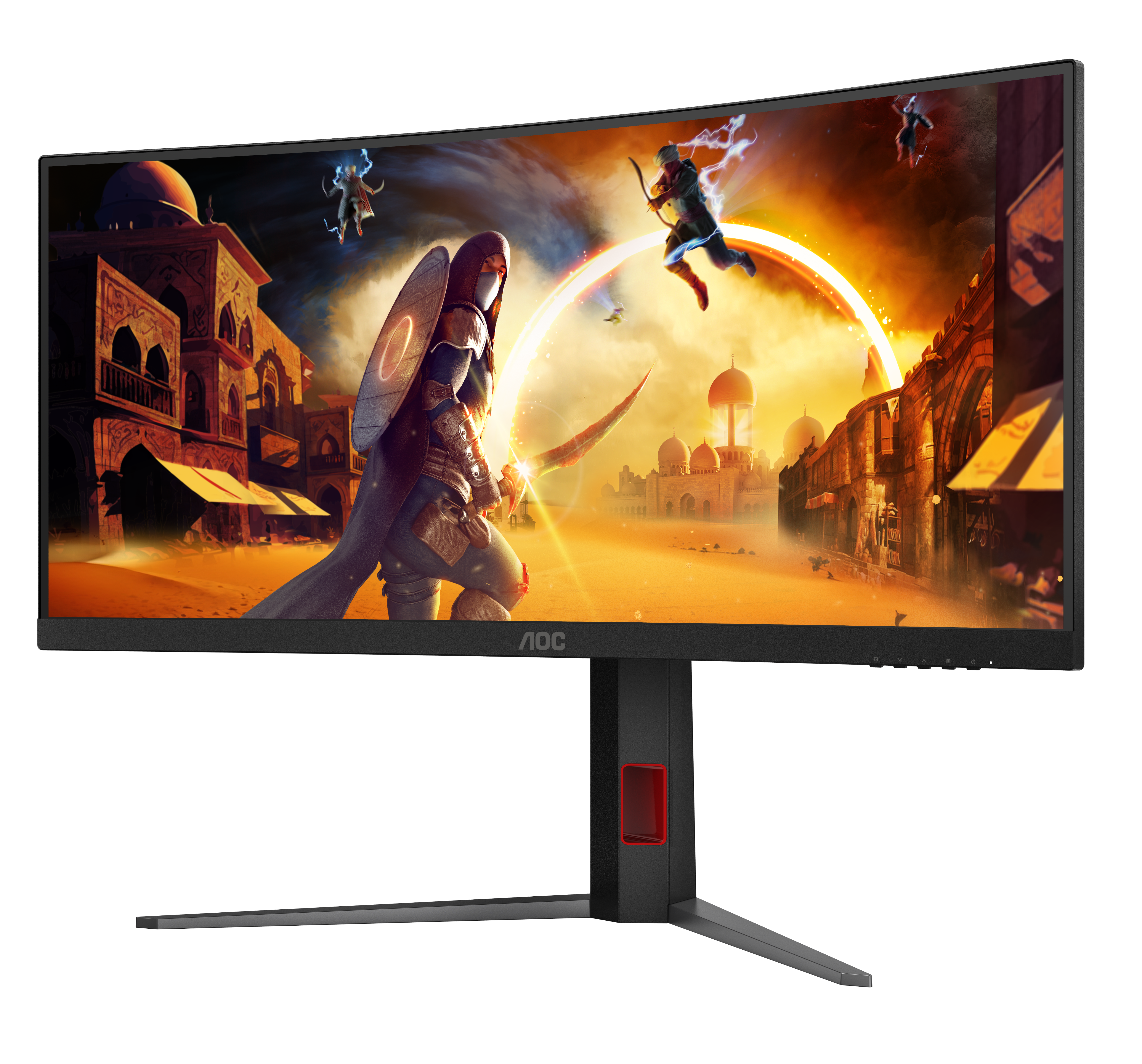 Ein gebogener AOC-Gaming-Monitor zeigt eine orientalische Fantasieszene mit Kämpfern vor einer Stadt bei Sonnenuntergang.