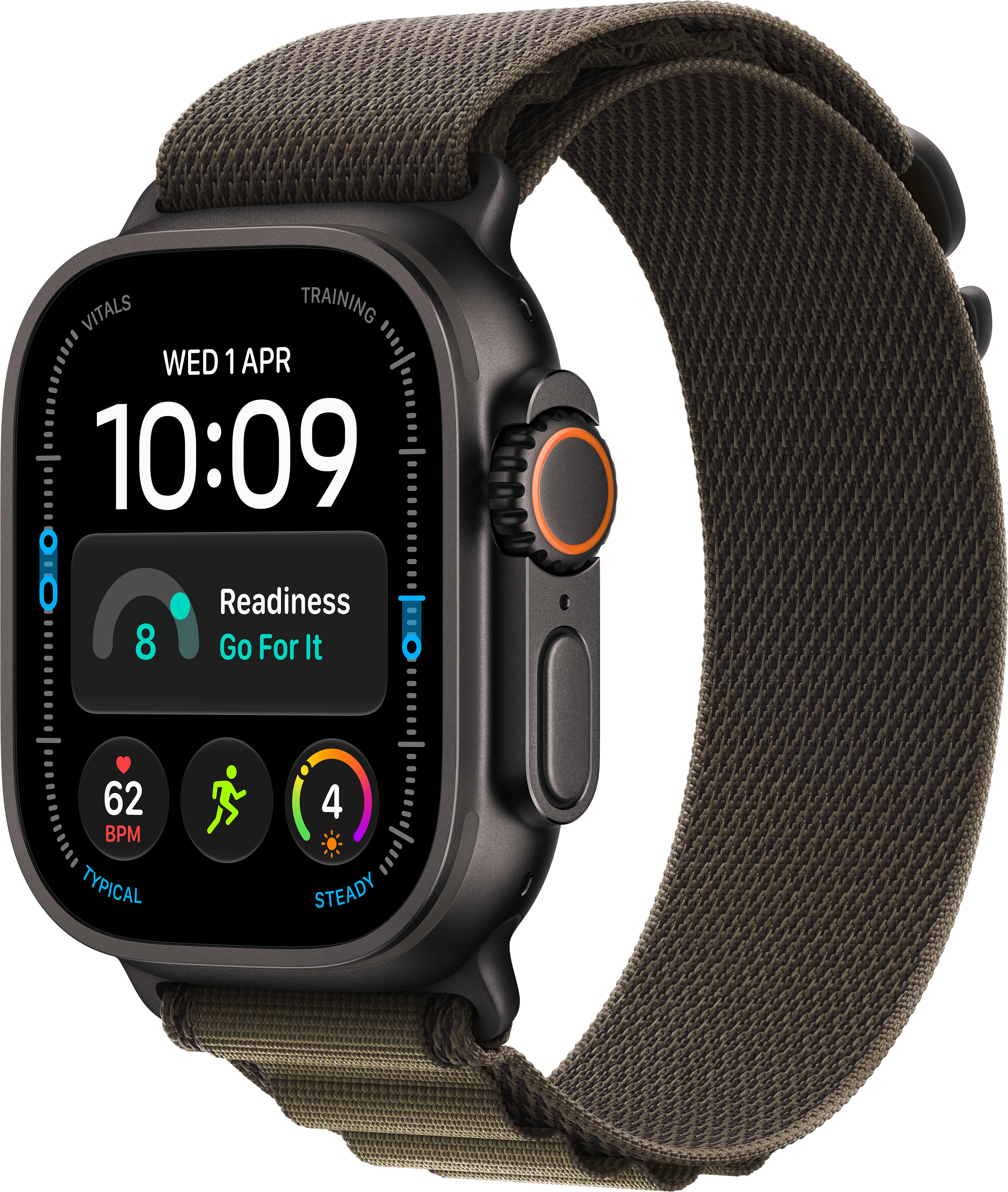 Eine schwarze Smartwatch mit grünem Textilarmband zeigt digital die Uhrzeit 10:09 und Vitalwerte an.