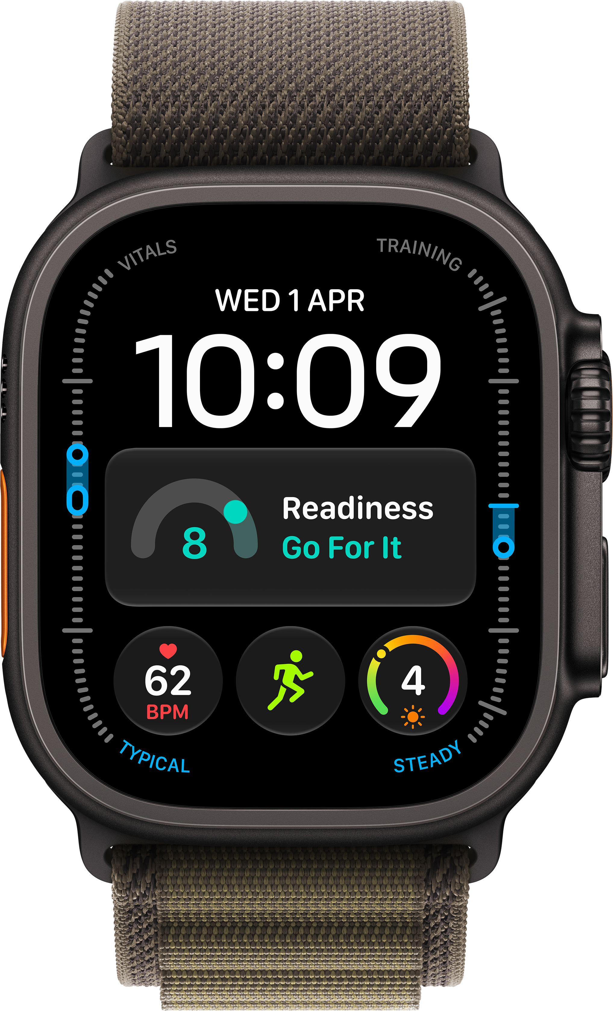 Smartwatch mit schwarzem Gehäuse, braunem Textilarmband und digitaler Anzeige für Uhrzeit, Herzfrequenz und Training.