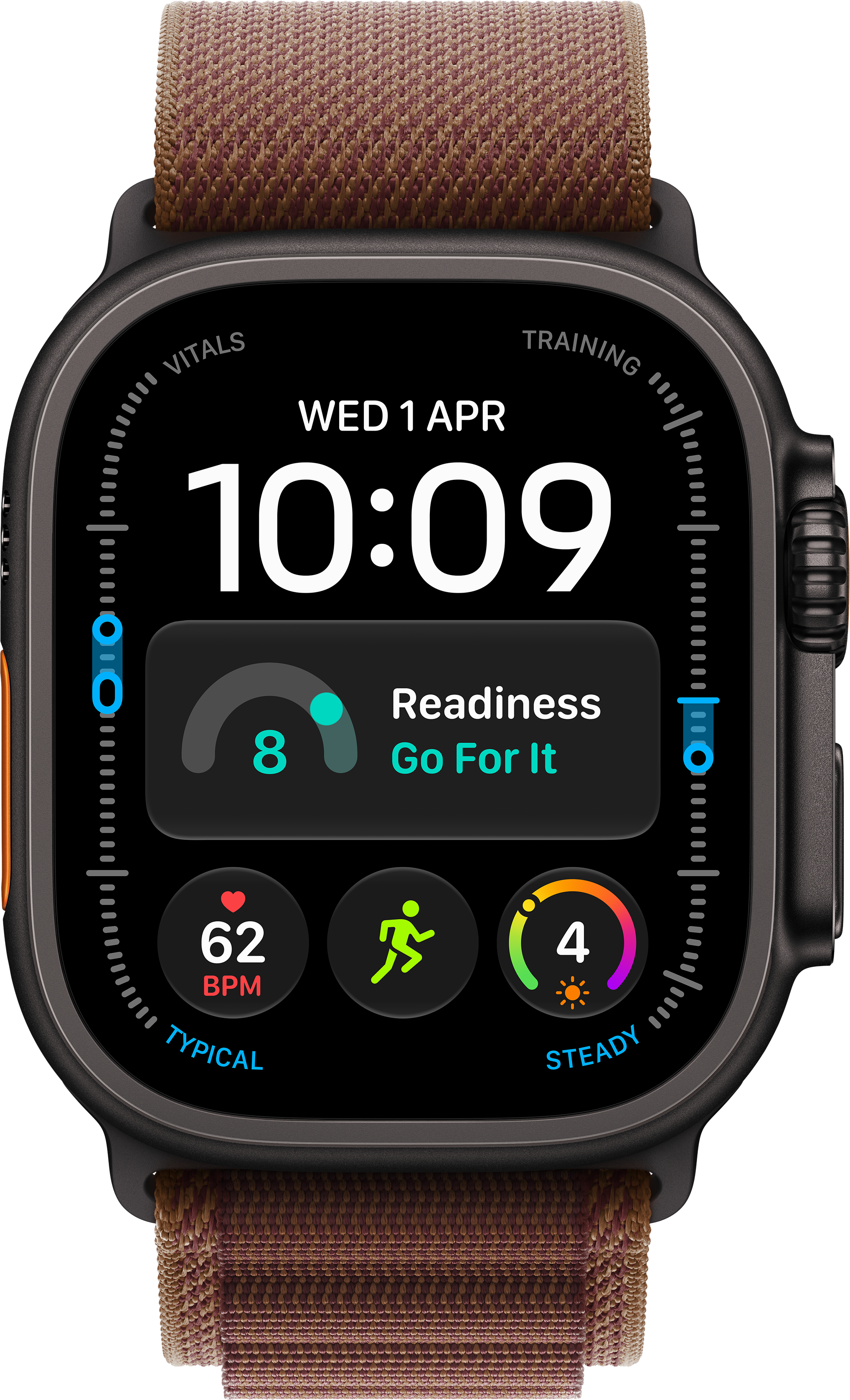 Eine Smartwatch mit braunem Armband zeigt die Uhrzeit 10:09, Herzfrequenz von 62 BPM und Fitness-Daten an.