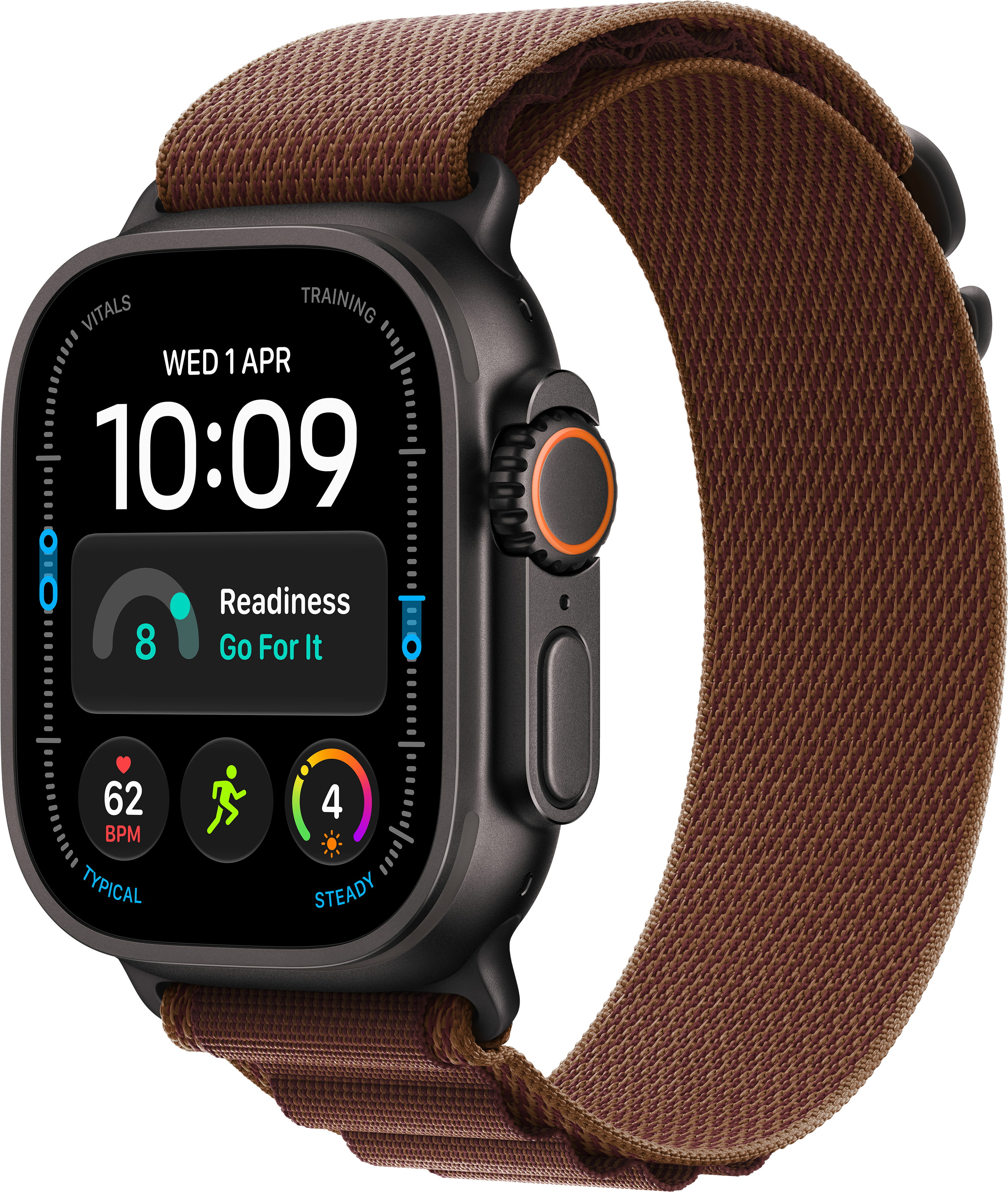 Schwarze Smartwatch mit braunem Textilarmband zeigt Zifferblatt mit Fitness-Daten.