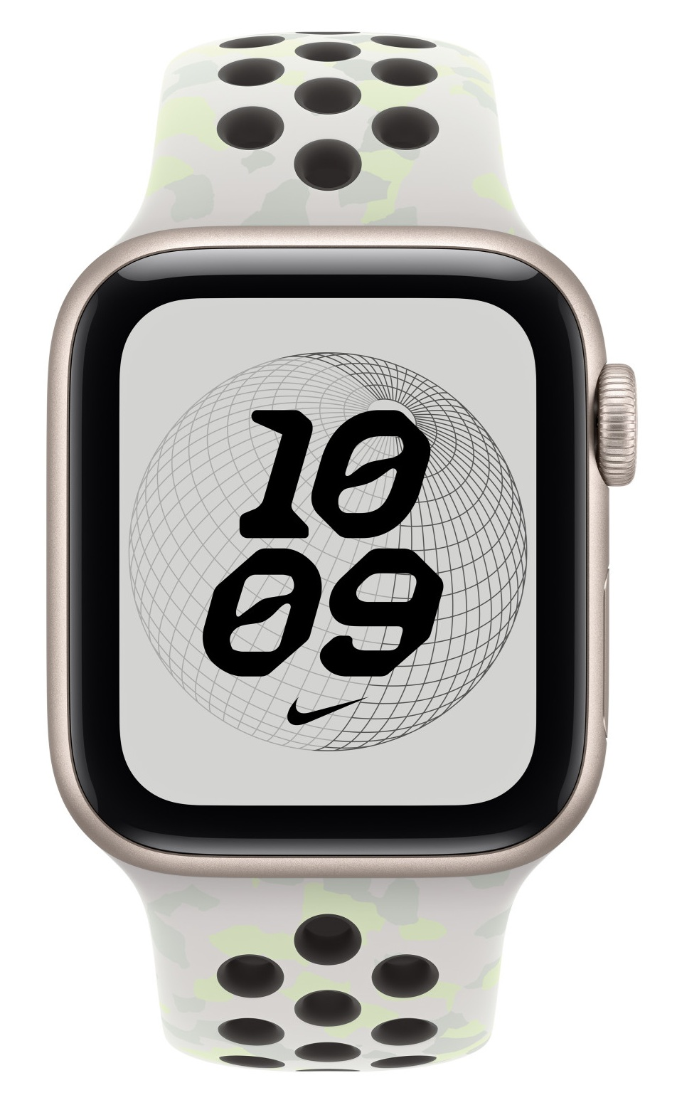 Smartwatch ze srebrną kopertą, białym perforowanym paskiem i cyfrową tarczą pokazującą 10:09.