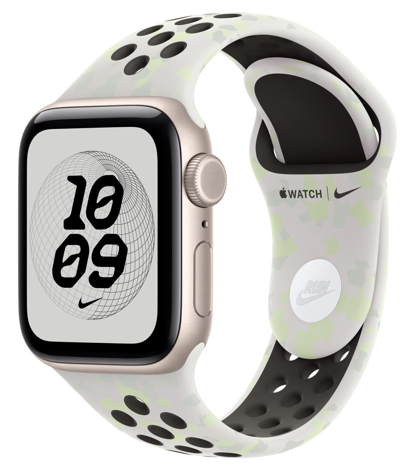 Zegarek Apple Watch ze złotą kopertą i biało-zielonym paskiem sportowym Nike pokazuje 10:09.