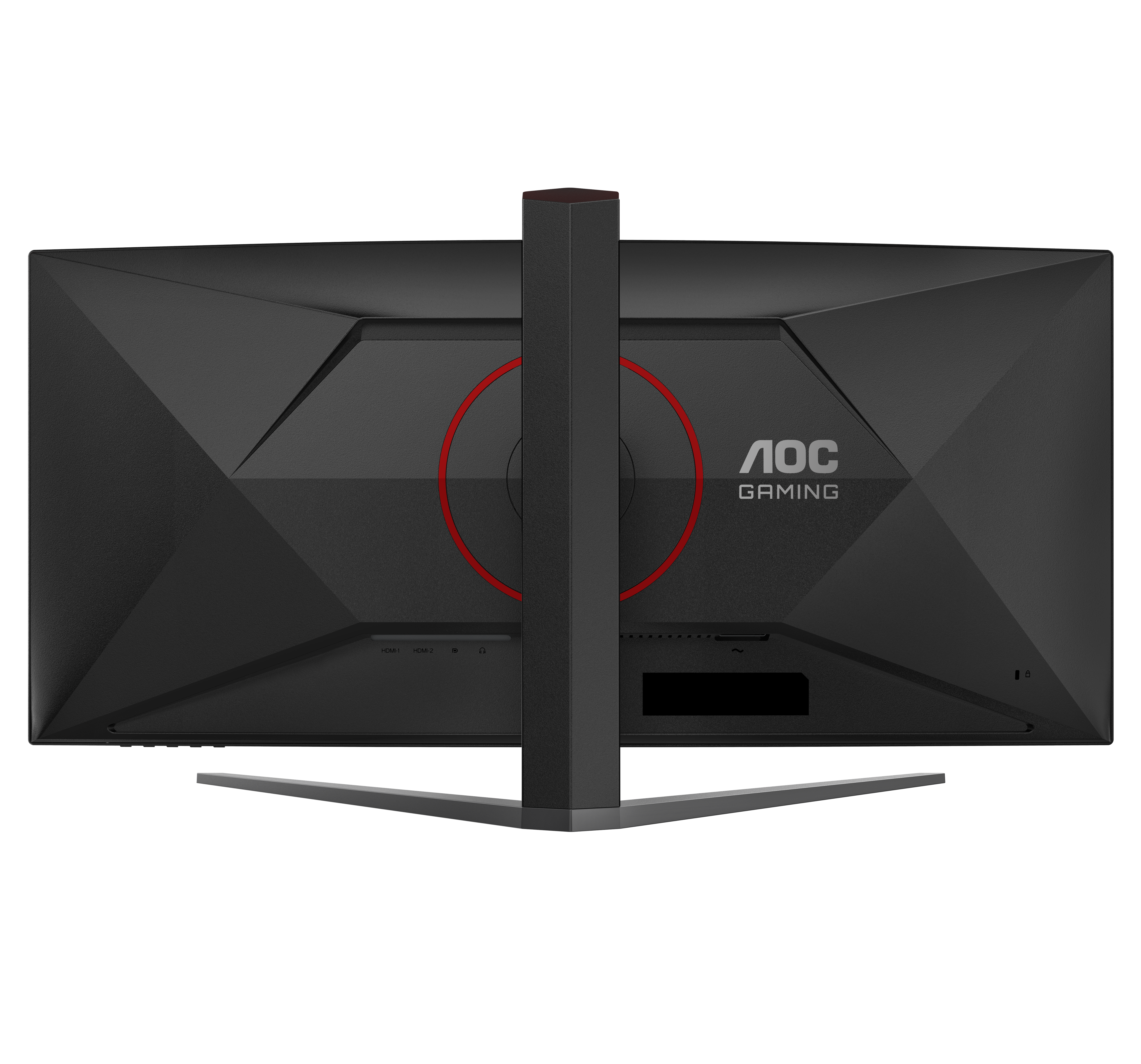 Rückansicht eines gebogenen AOC Gaming-Monitors mit schwarzem strukturiertem Rücken und rotem Ring.