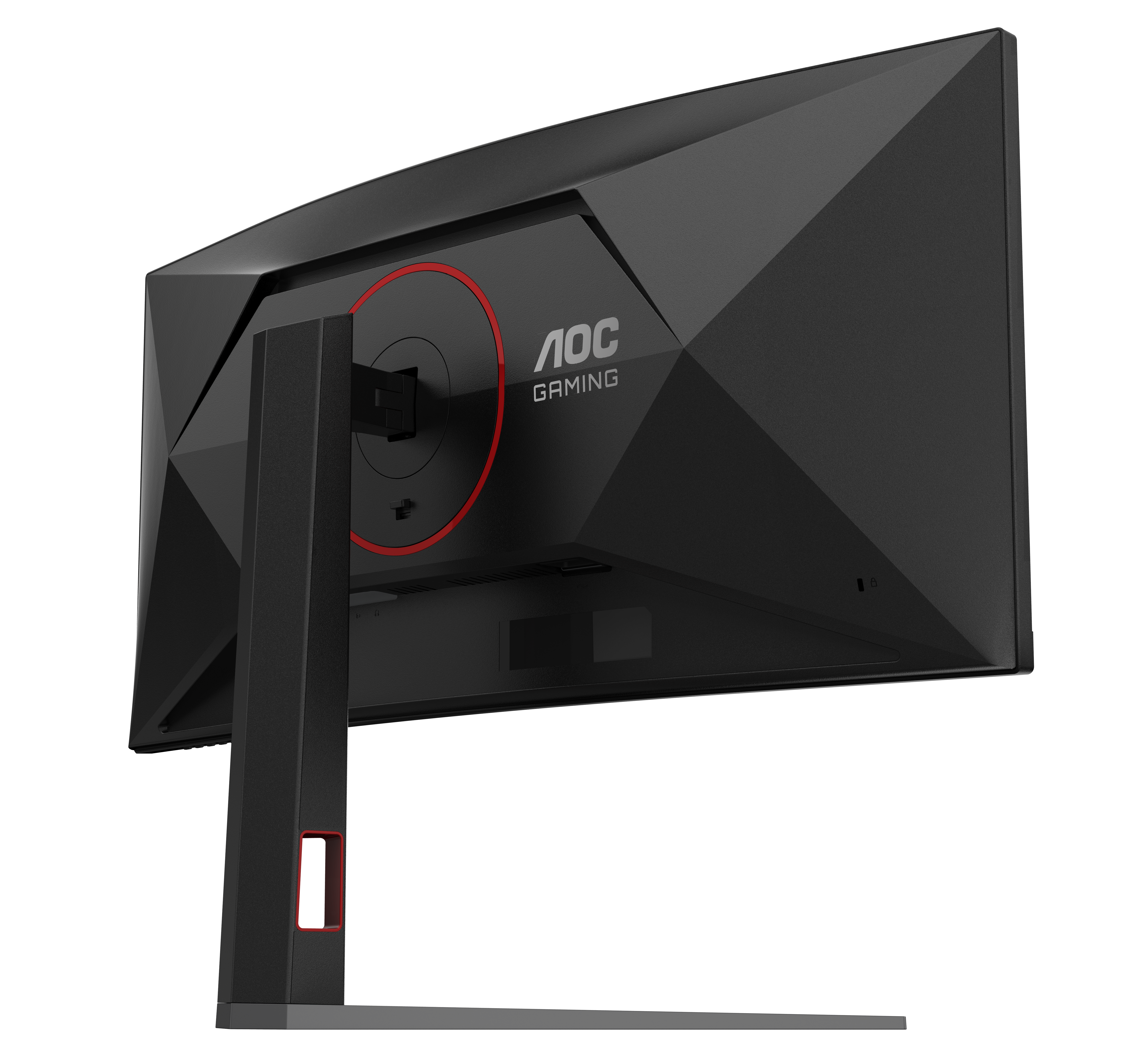 Die Rückseite eines schwarzen AOC Gaming-Monitors mit geometrischem Design und rotem Ringakzent.