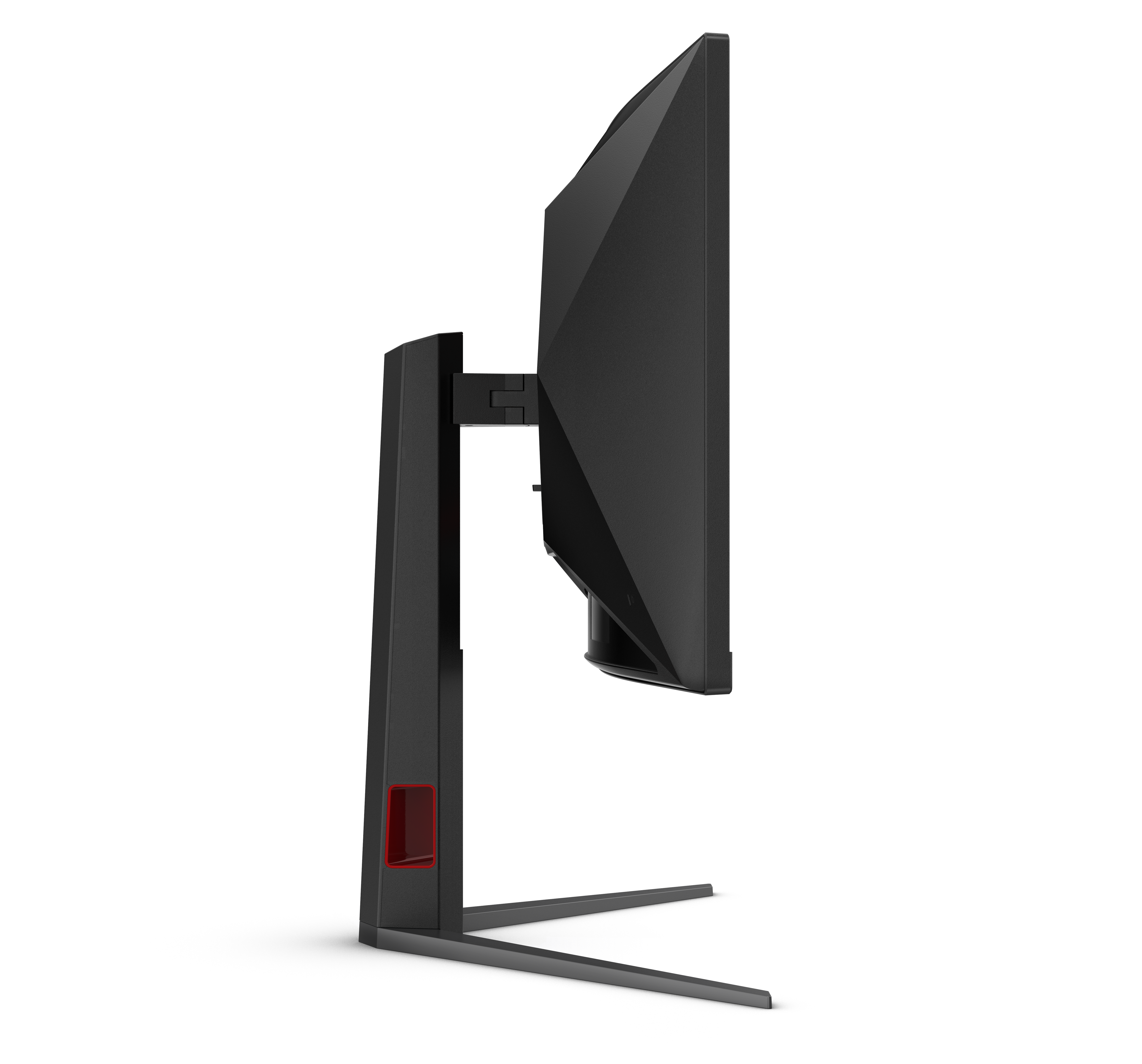 Seitenansicht eines schwarzen Computermonitors mit einem V-förmigen Standfuß auf weißem Hintergrund.