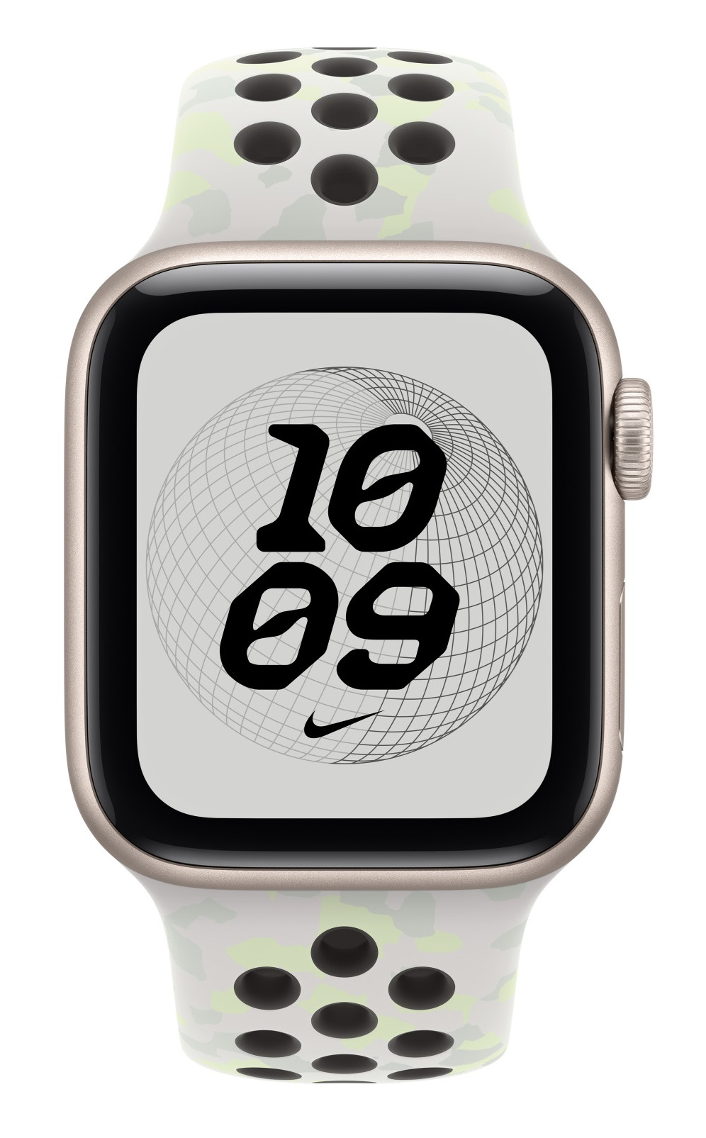 Apple Watch z białym paskiem sportowym Nike i tarczą pokazującą godzinę 10:09.