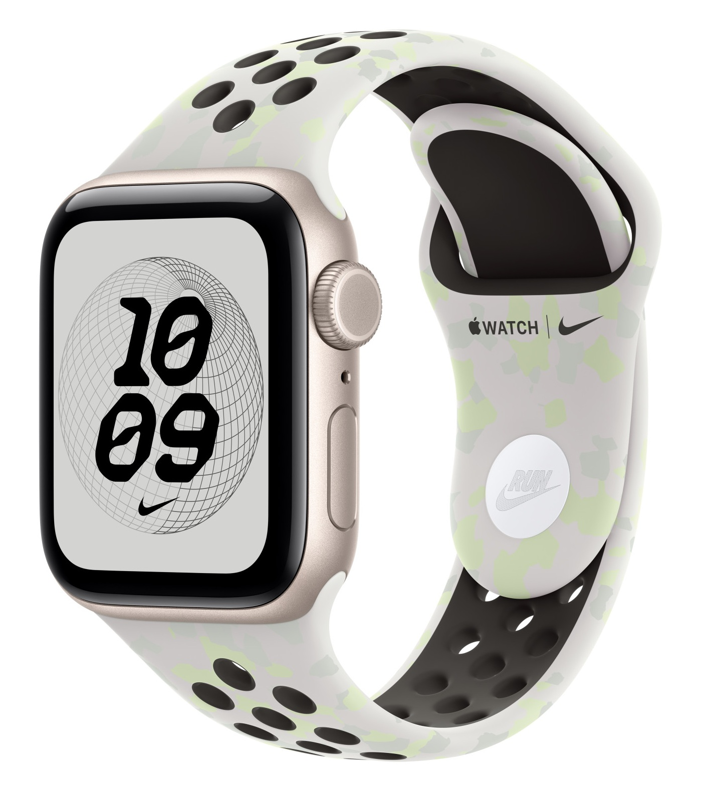 Srebrny Apple Watch Nike z jasnym paskiem moro, pokazujący godzinę 10:09.