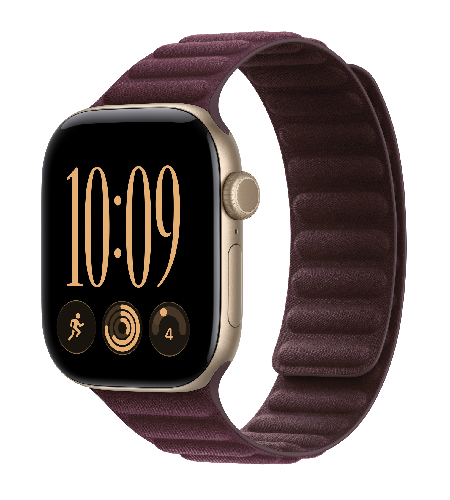 Złoty smartwatch z ciemnofioletowym skórzanym paskiem i cyfrowym wyświetlaczem na czarnym tle.