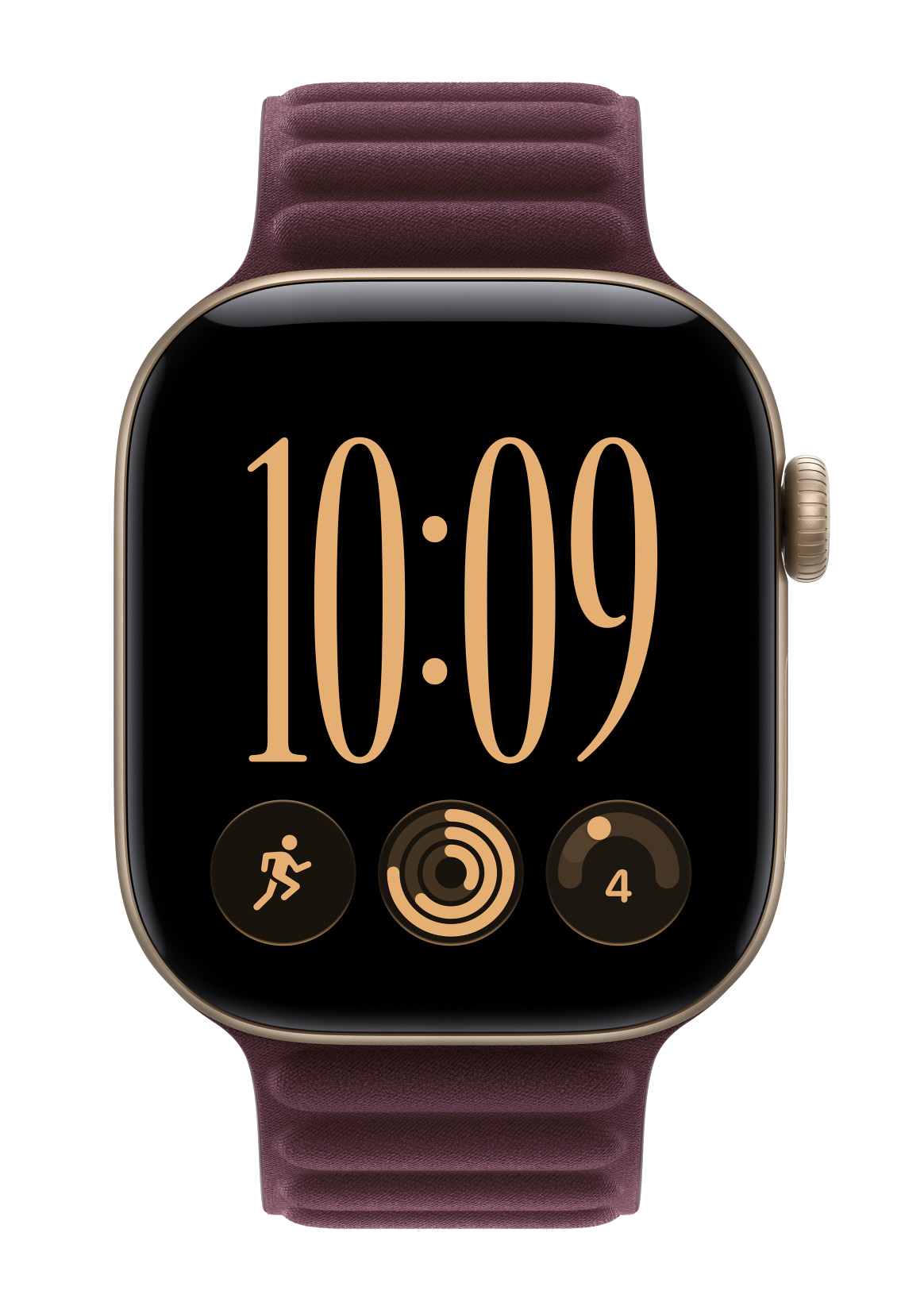 Smartwatch z bordowym skórzanym paskiem wyświetla godzinę 10:09 i ikony fitnessu na ekranie.