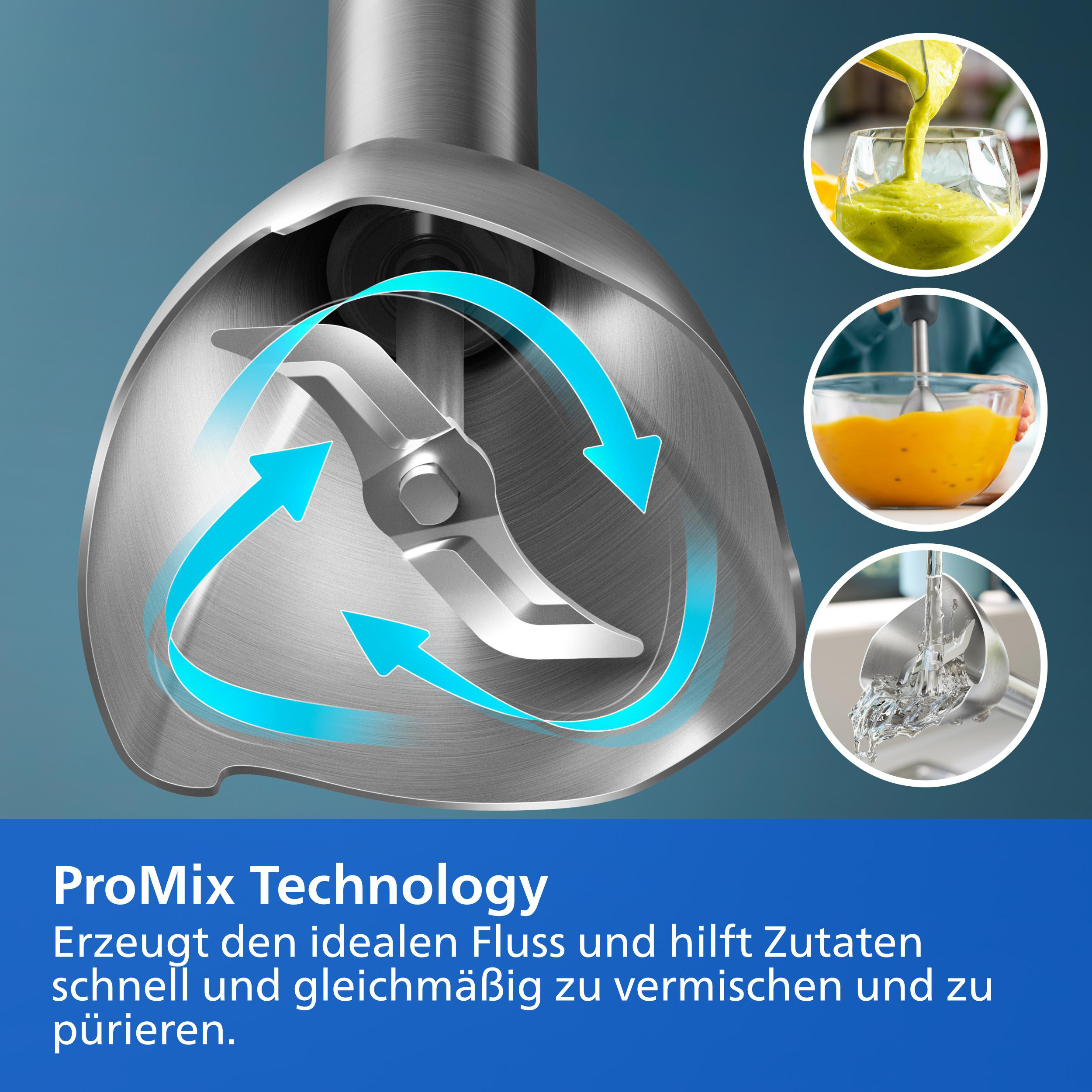 Nahaufnahme einer Mixer-Klinge mit ProMix-Technologie, blauen Fluss-Pfeilen und Anwendungsbildern.