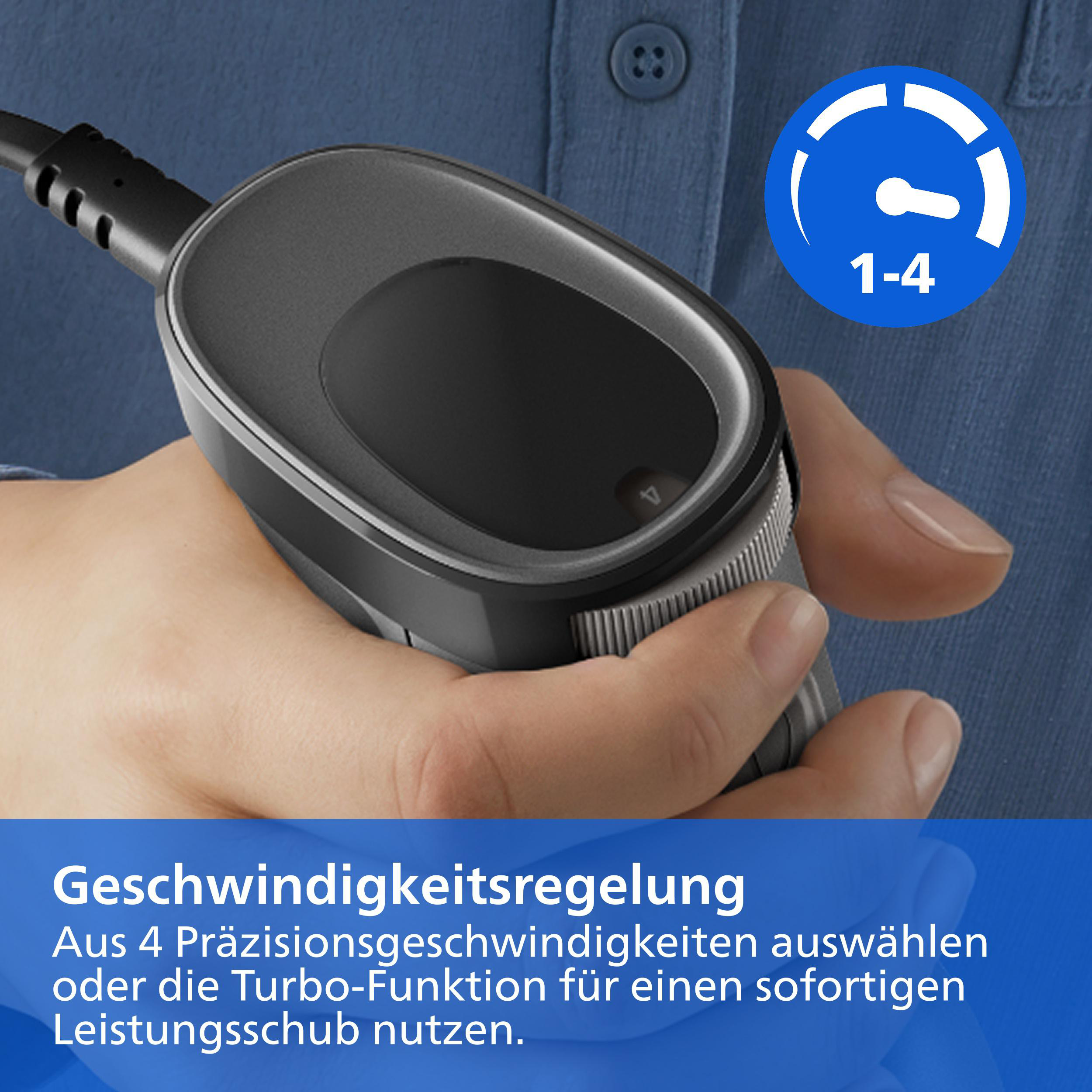 Hand hält ein graues Handgerät mit Geschwindigkeitsregelung und Anzeige 1-4.