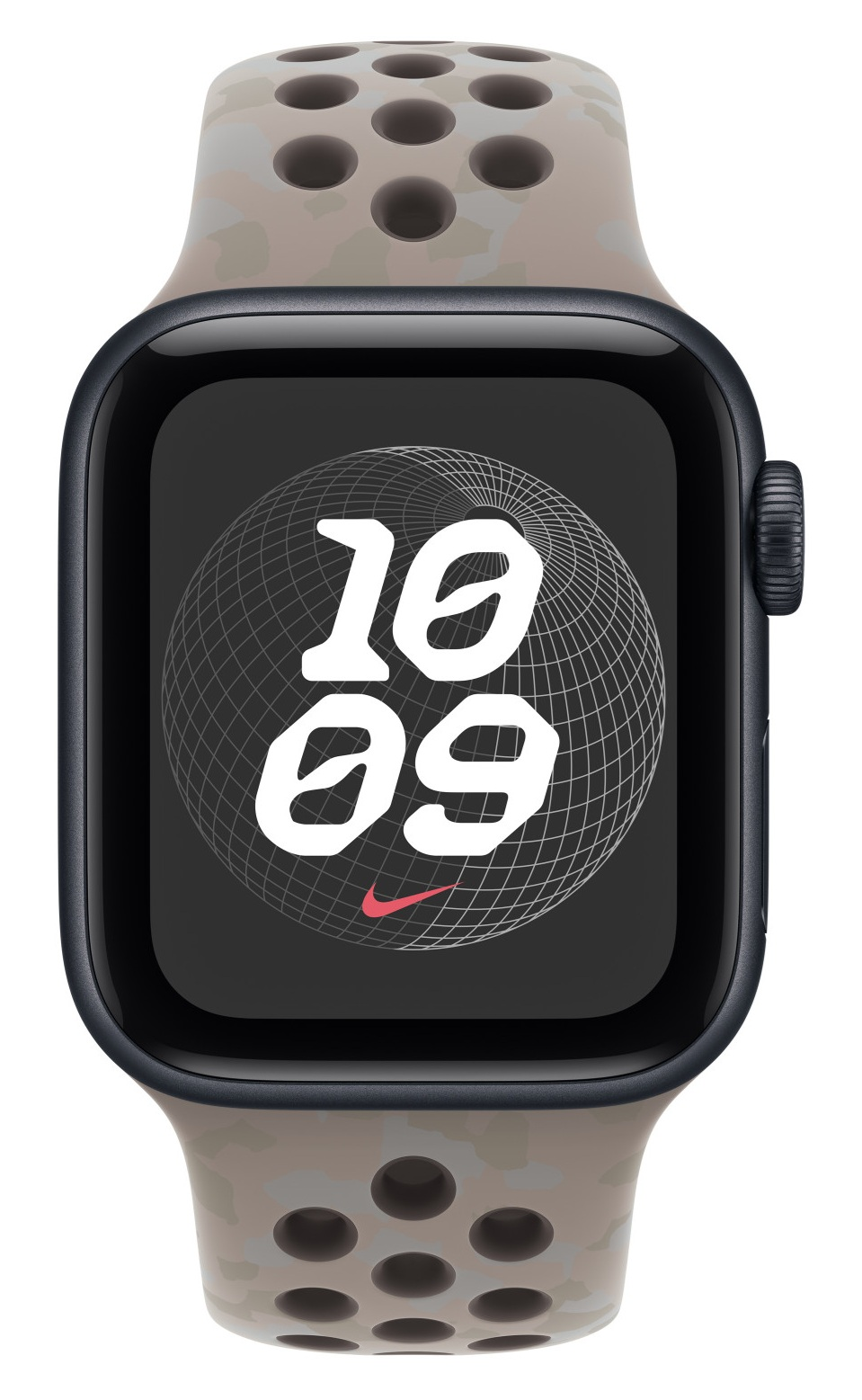 Czarny smartwatch z szarym, perforowanym paskiem i tarczą wskazującą godzinę 10:09.