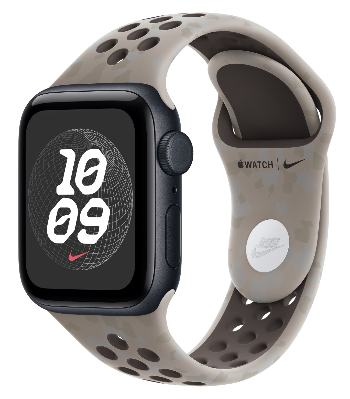 Apple Watch Nike z moro paskiem sportowym i cyfrowym wyświetlaczem czasu 10:09.
