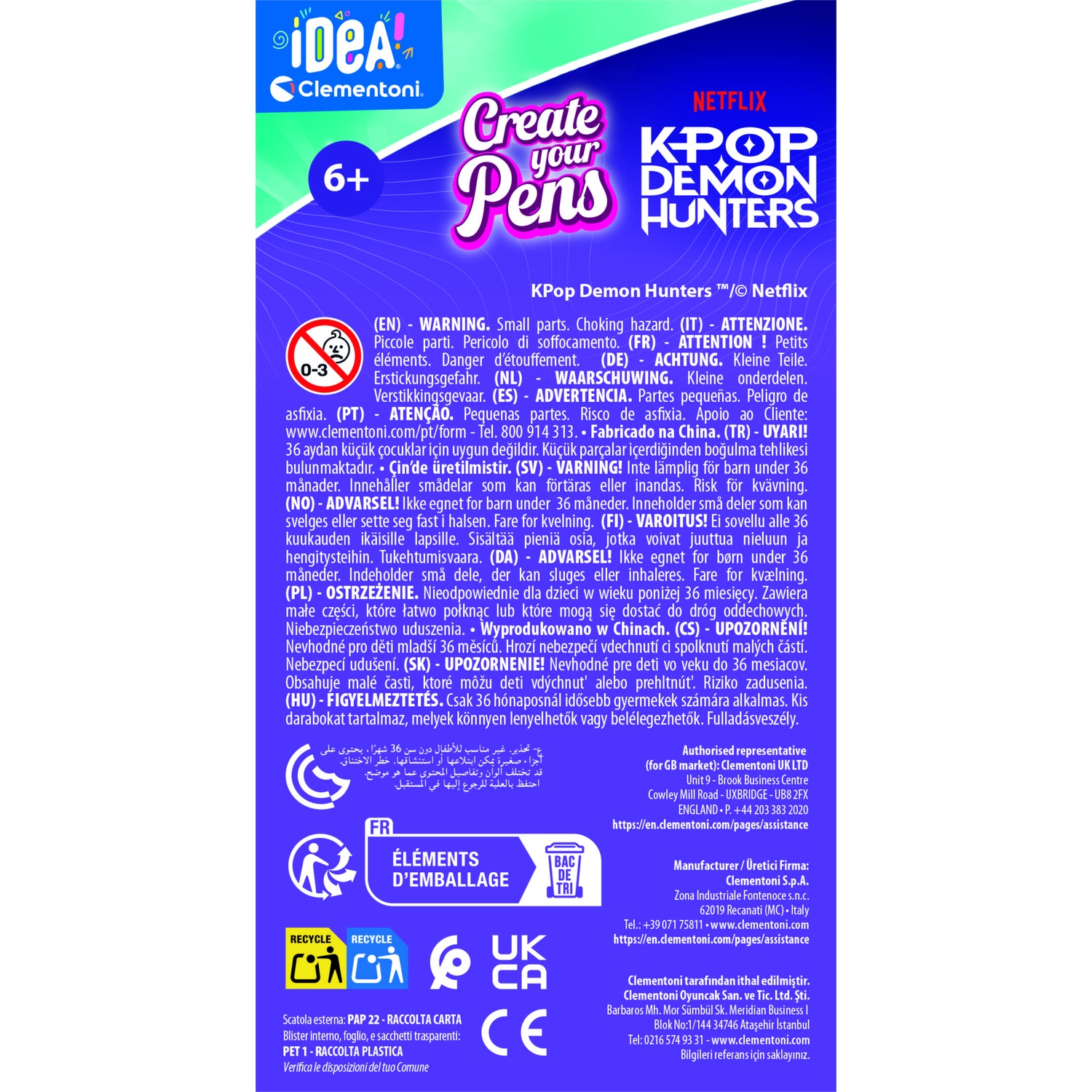 Confezione blu con grafica KPop Demon Hunters e avvertenze di sicurezza.