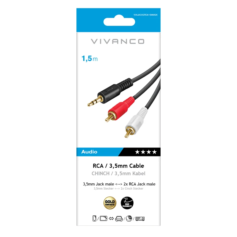 Vivanco 1,5m Audiokabel mit 3,5mm Klinke auf 2x RCA in Verpackung.