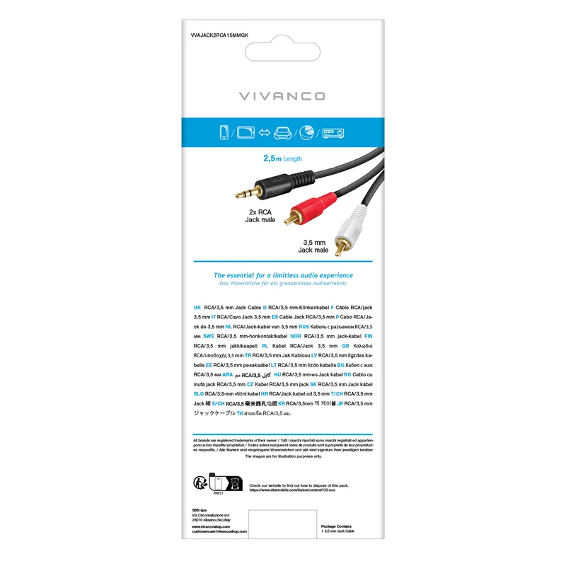 Verpackung für ein 2,5 Meter langes Audiokabel von 3,5mm Klinke auf 2x RCA.