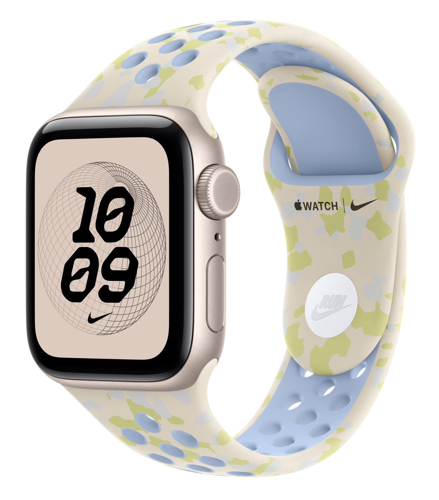 Smartwatch w beżowej kopercie z wzorzystym, jasnoniebieskim i żółtym paskiem sportowym Nike.
