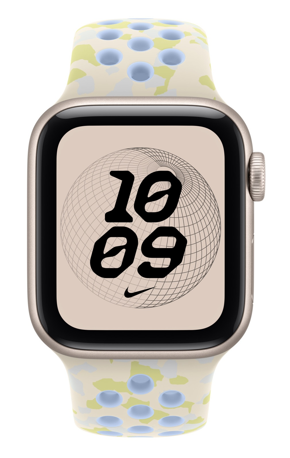 Srebrny smartwatch z beżowym wzorzystym paskiem i cyfrową tarczą.
