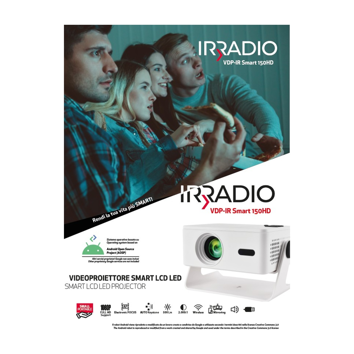 Un annuncio di proiettore Irradio Smart LCD LED con un gruppo che guarda un film e specifiche.