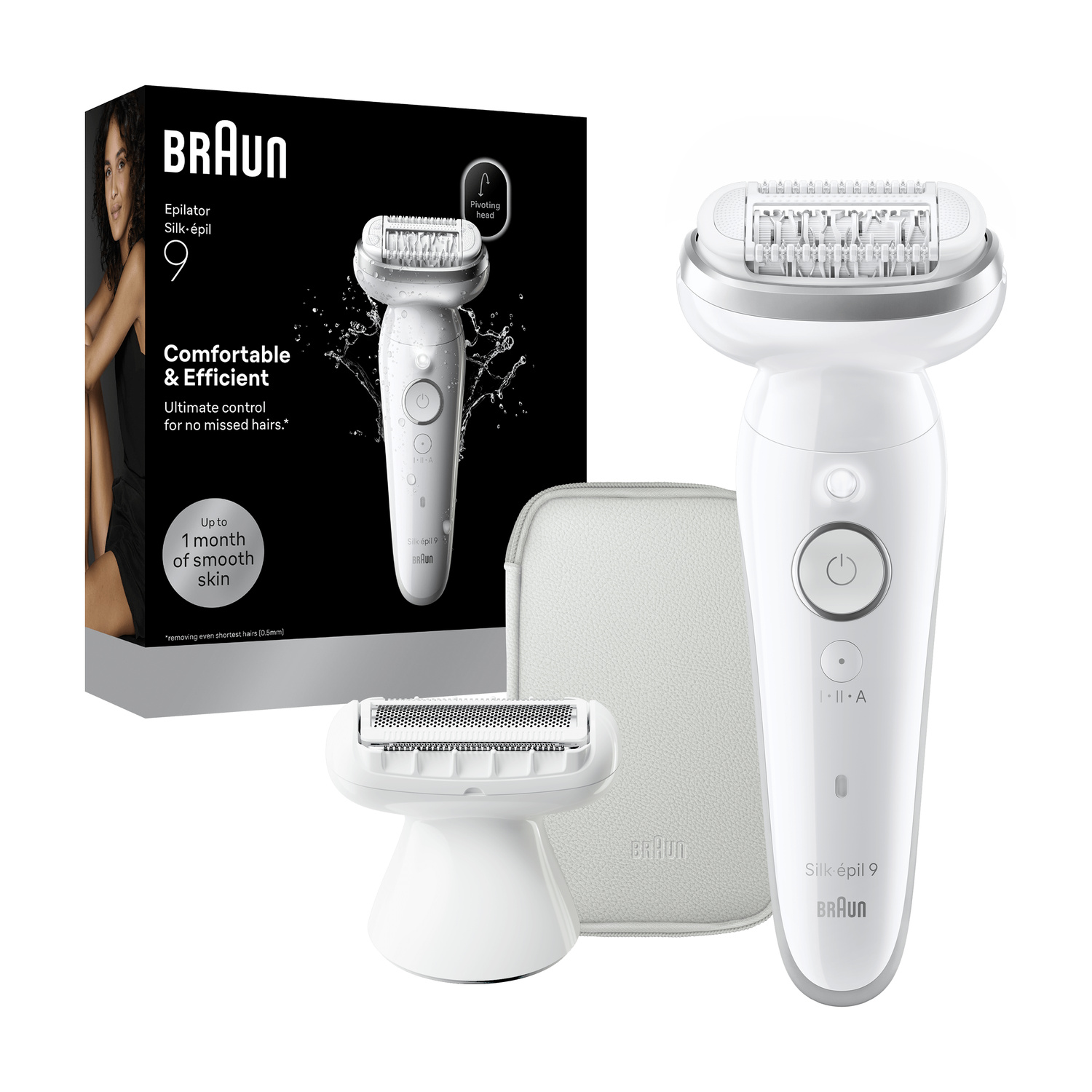 Epilatore bianco Braun Silk-épil 9 con testina di rasatura, custodia e scatola.