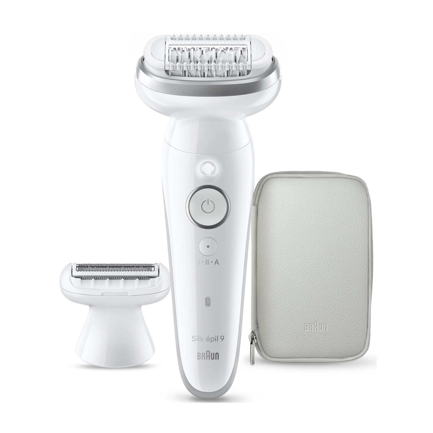 Epilatore bianco Braun Silk-épil 9 con testina rasoio e custodia grigia su sfondo bianco.