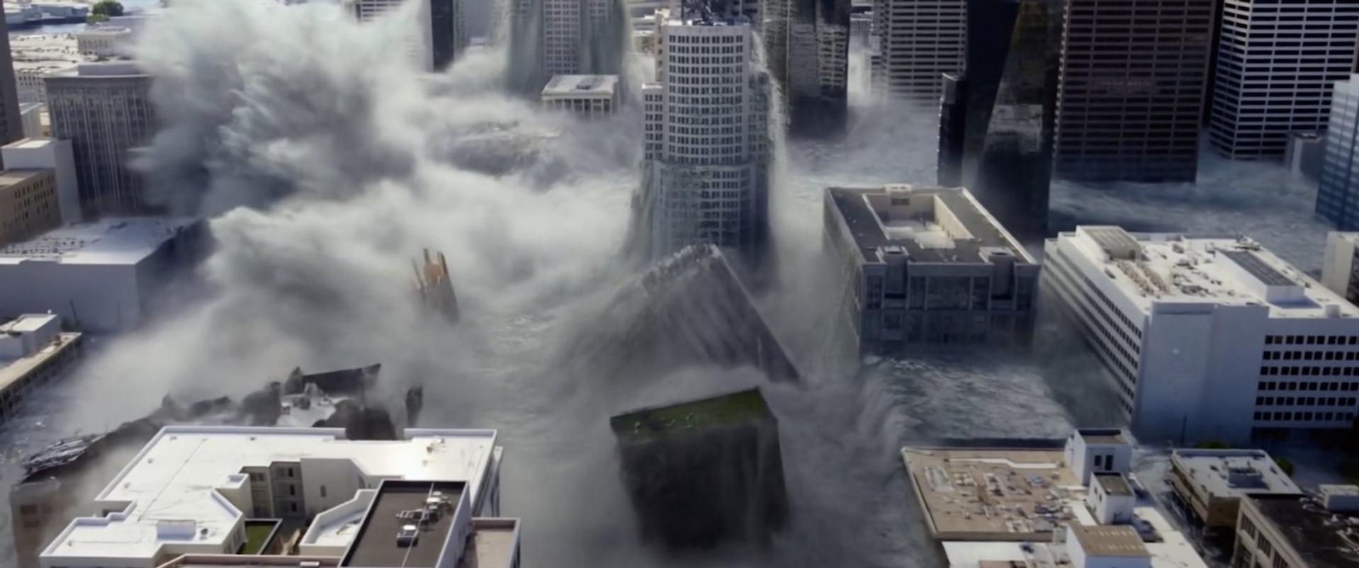 Eine massive Tsunamiwelle überflutet eine dichte Stadt, überschwemmt Straßen und zerstört Wolkenkratzer.