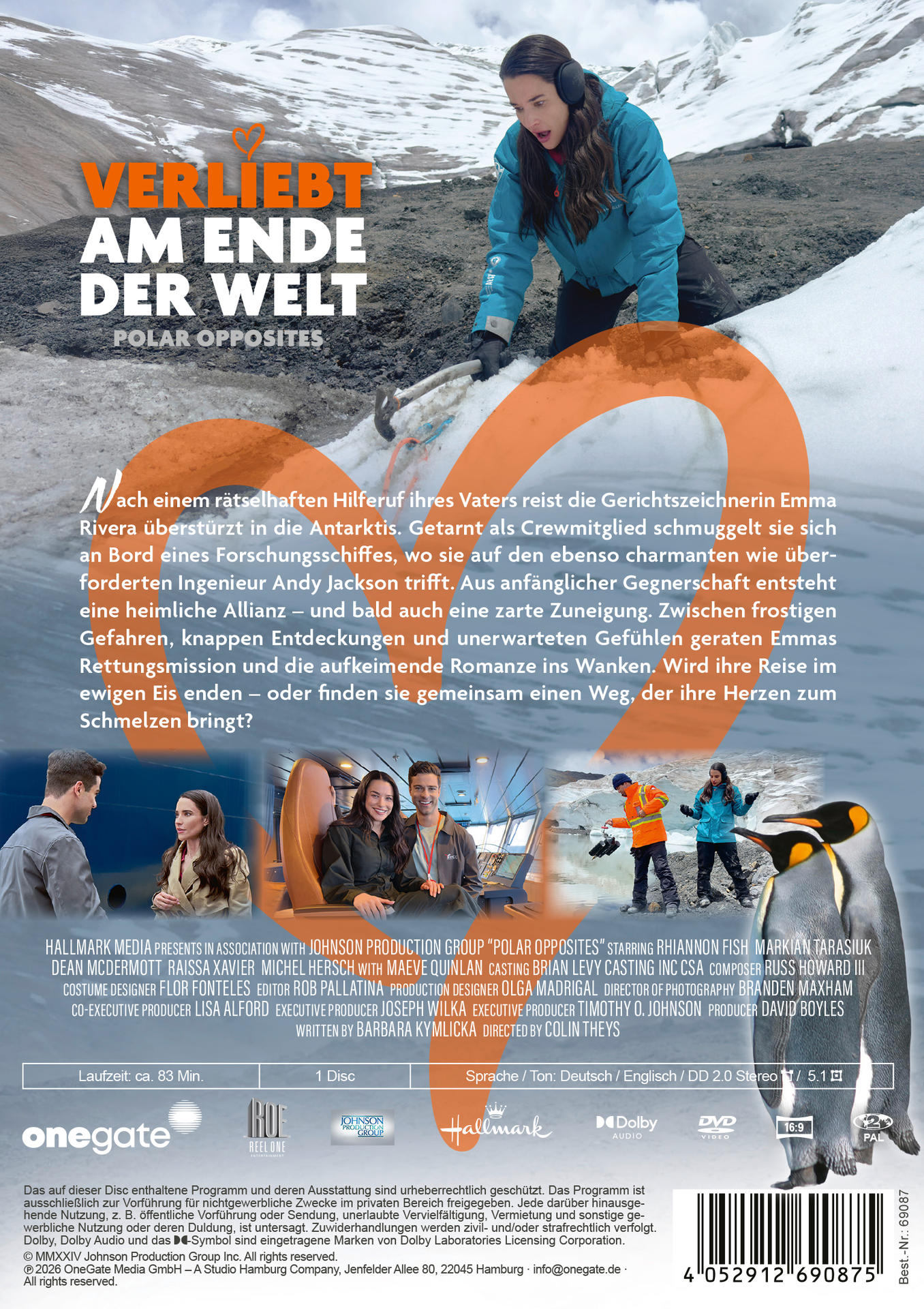 Filmplakat für Verliebt am Ende der Welt mit Schauspielern in eisiger Landschaft und Pinguinen im Vordergrund.