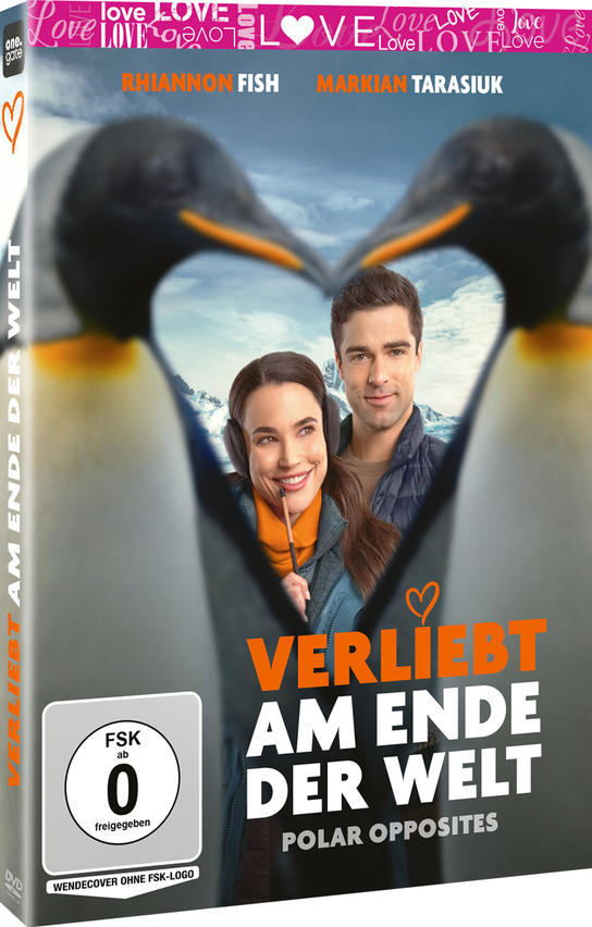 DVD-Cover "Verliebt am Ende der Welt" mit zwei Pinguinen, deren Schnäbel ein Herz formen, und einem Paar dazwischen.