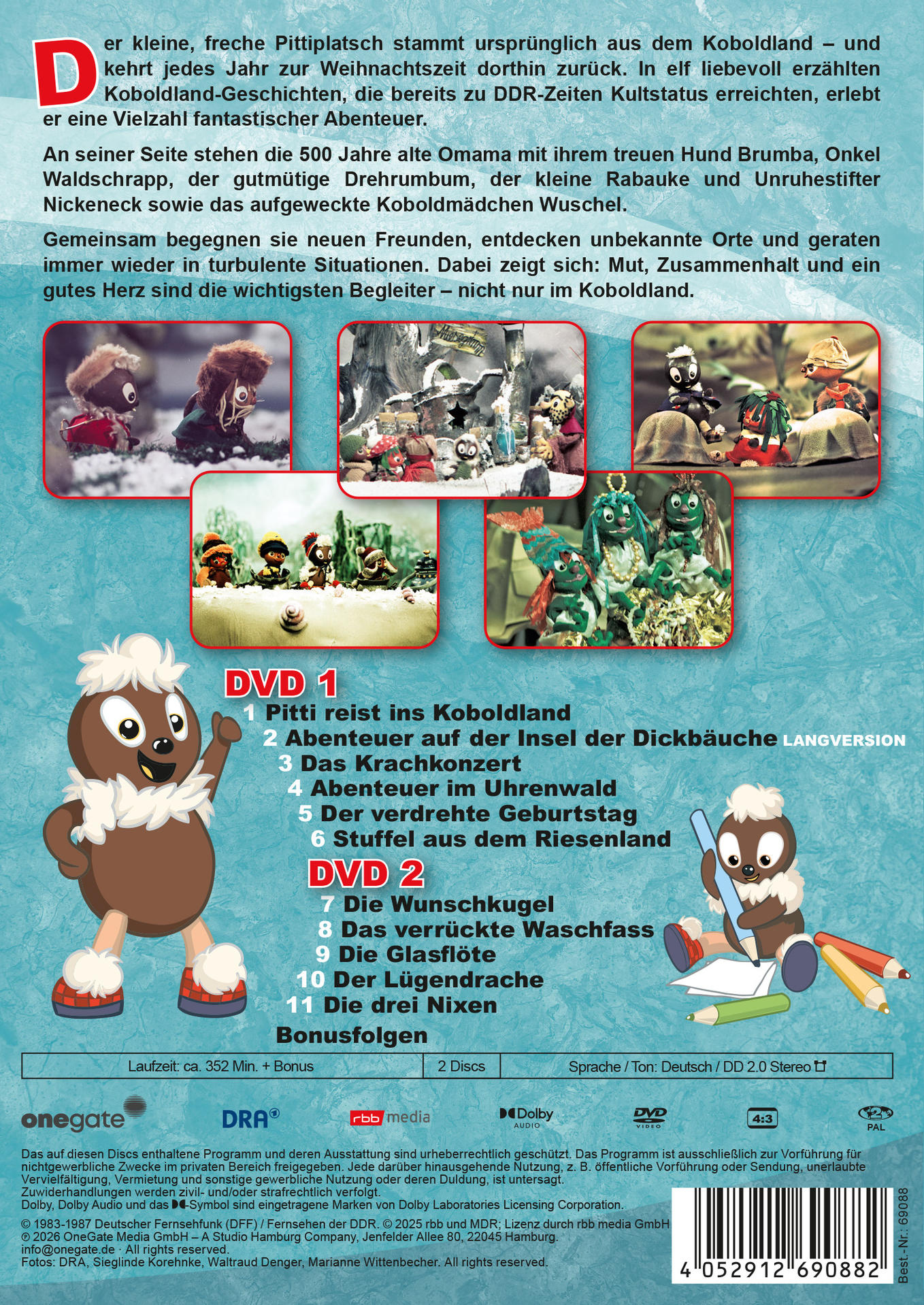 DVD-Rückseite mit Pittiplatsch-Figuren, Szenenfotos, Text und Episodenliste auf blauem Hintergrund.