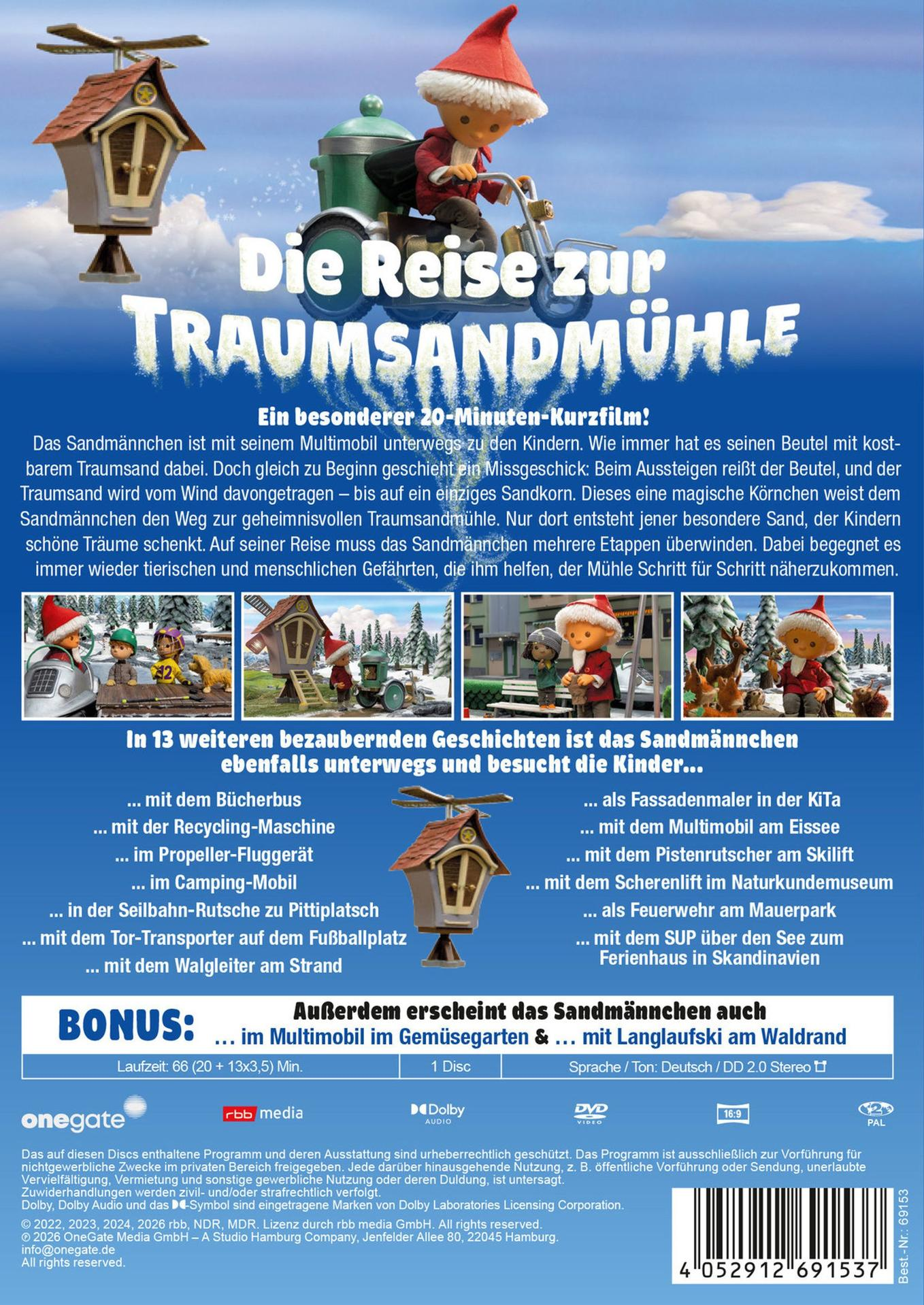 DVD-Cover von "Die Reise zur Traumsandmühle" mit Sandmännchen in seinem Fahrzeug und Beschreibung des Films.