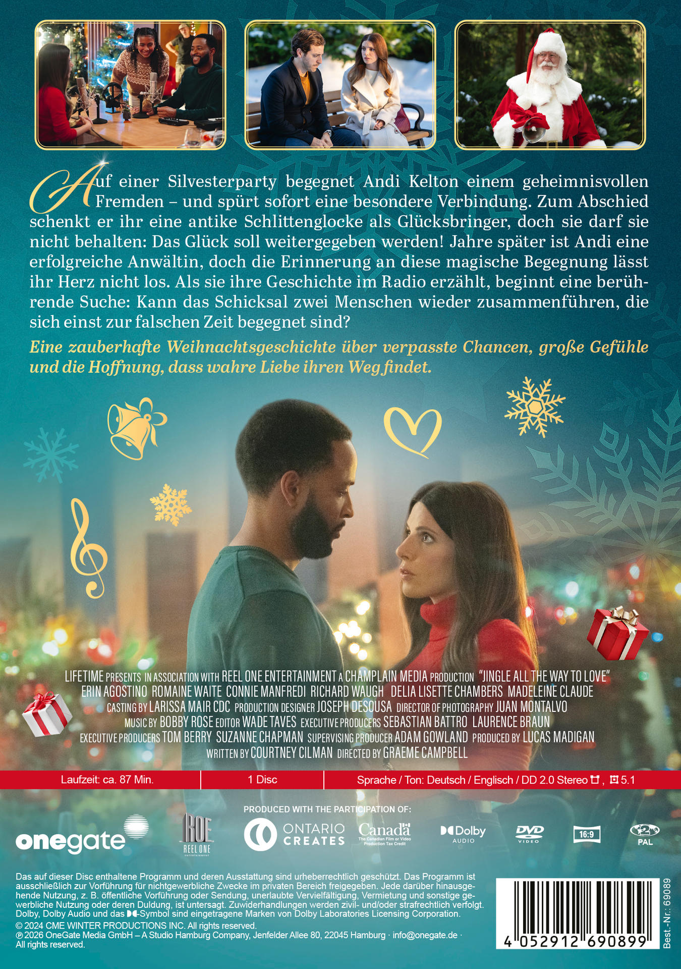 DVD-Cover eines Weihnachtsfilms mit einem Paar im Vordergrund, kleinen Szenenbildern oben und Text.