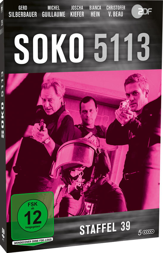 DVD-Cover der Serie Soko 5113 Staffel 39 mit vier bewaffneten Personen in Pink und Schwarz.