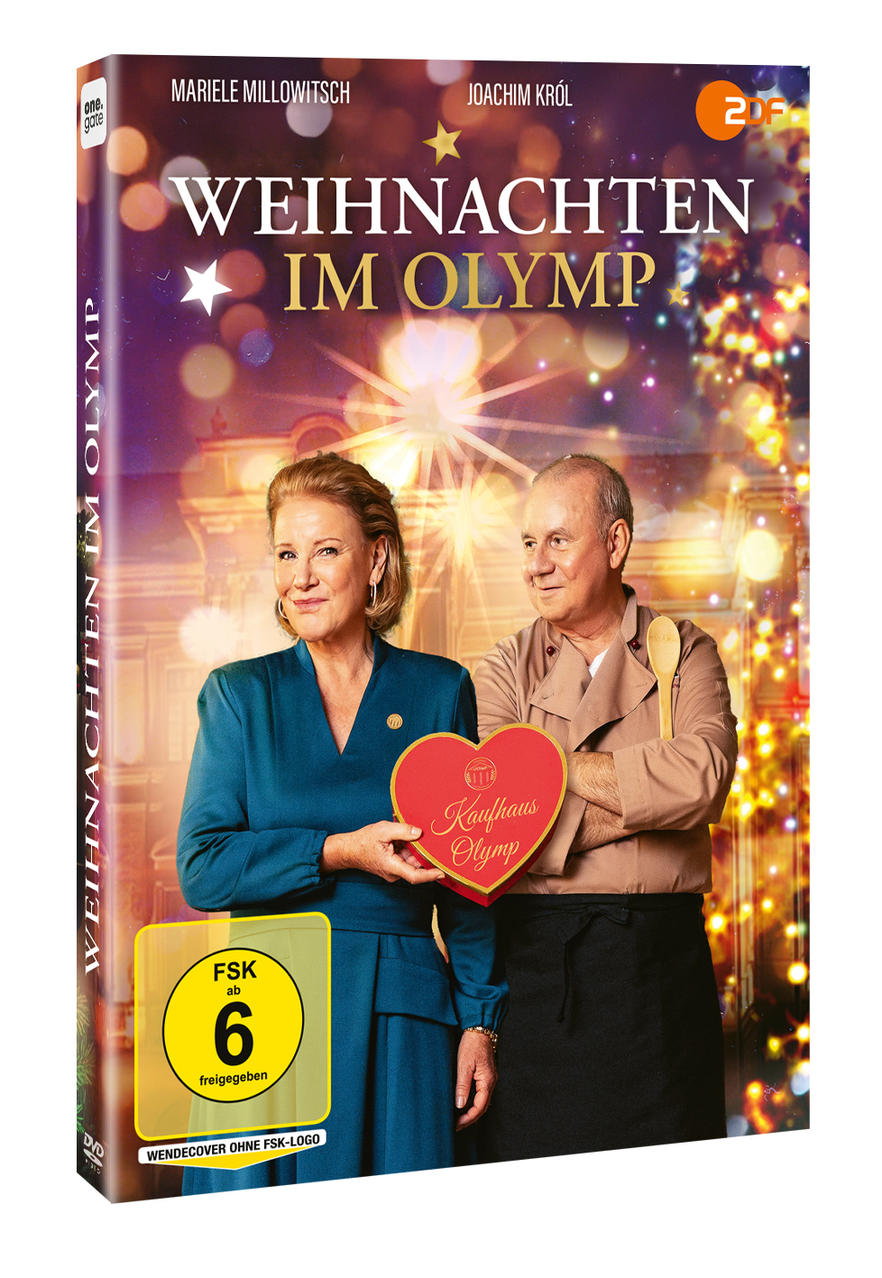 DVD-Cover von Weihnachten im Olymp mit zwei Schauspielern, die eine herzförmige Schachtel halten.