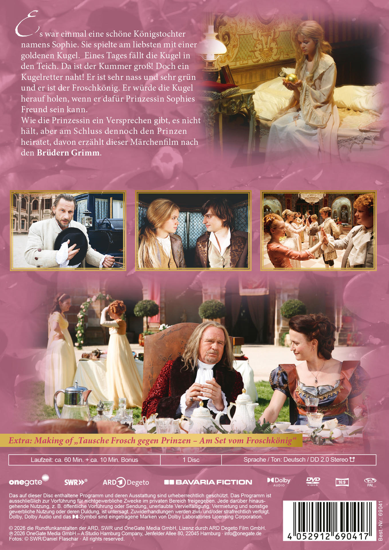 DVD-Cover des Märchenfilms "Der Froschkönig" mit Szenenbildern, Text und pinkem Hintergrund.