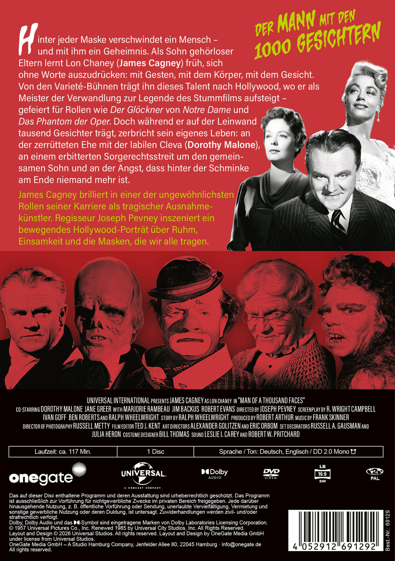 Filmposter von Man of a Thousand Faces mit James Cagney und verschiedenen geschminkten Charakteren.