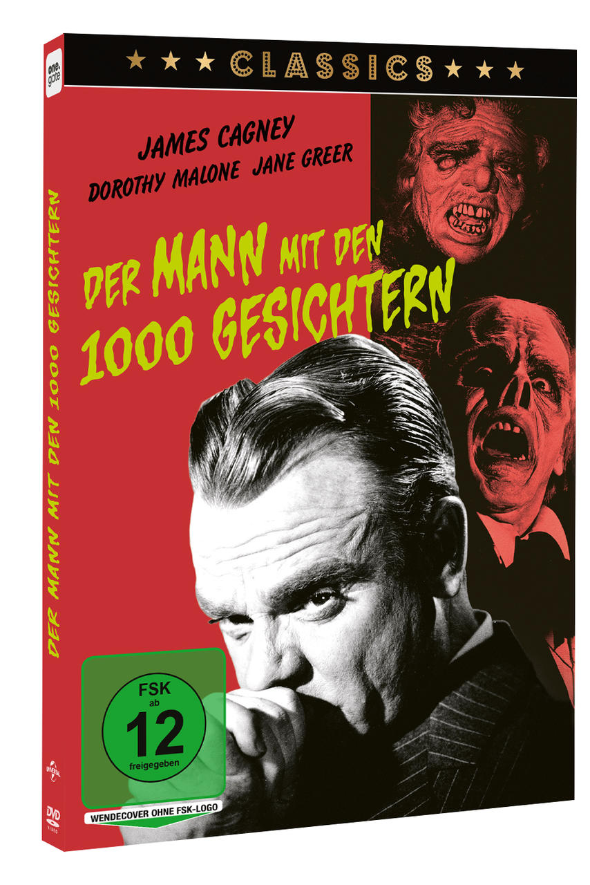 DVD-Cover von Der Mann mit den 1000 Gesichtern mit James Cagney und Gesichtern in Rot und Schwarz.